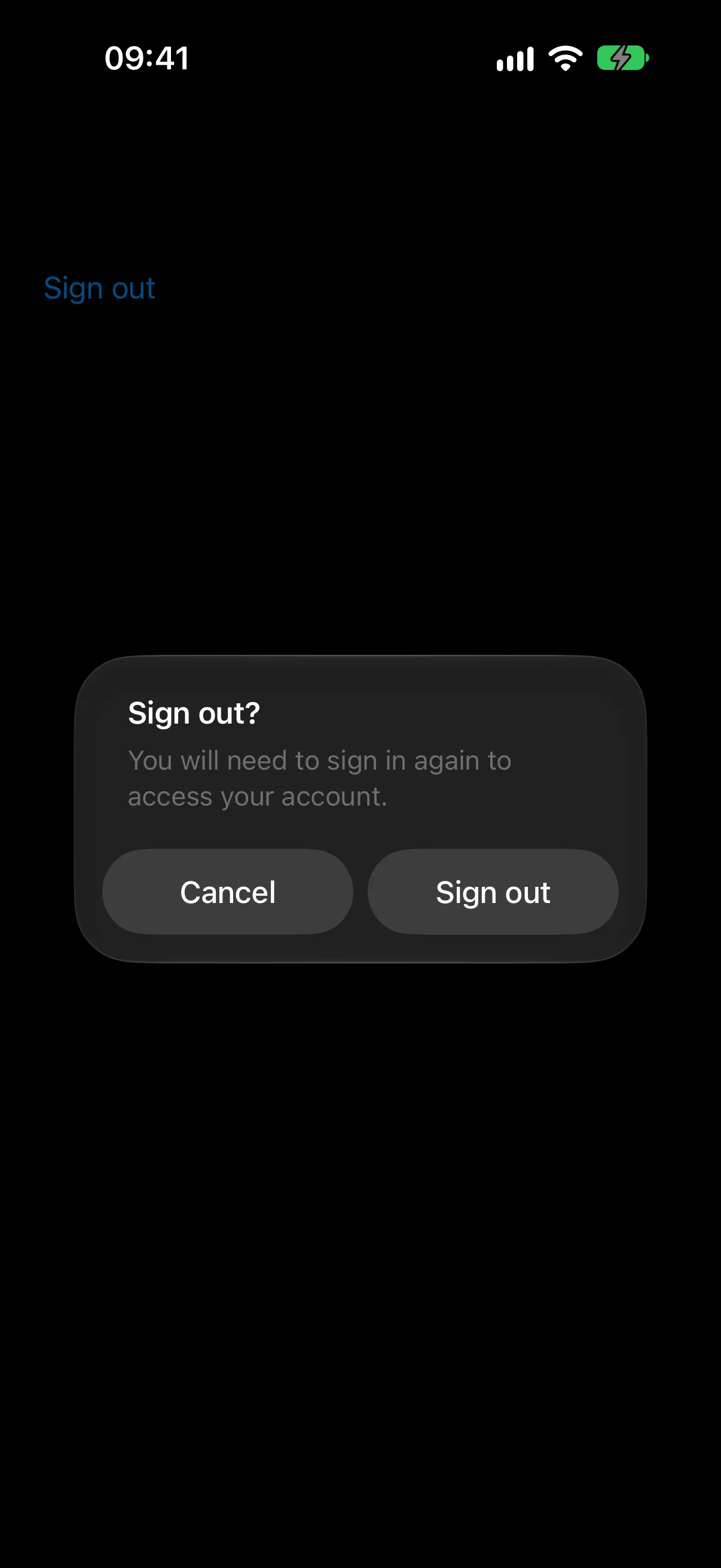 标题为 Sign out？包含消息以及 Cancel 和 Sign out 按钮的 Alert