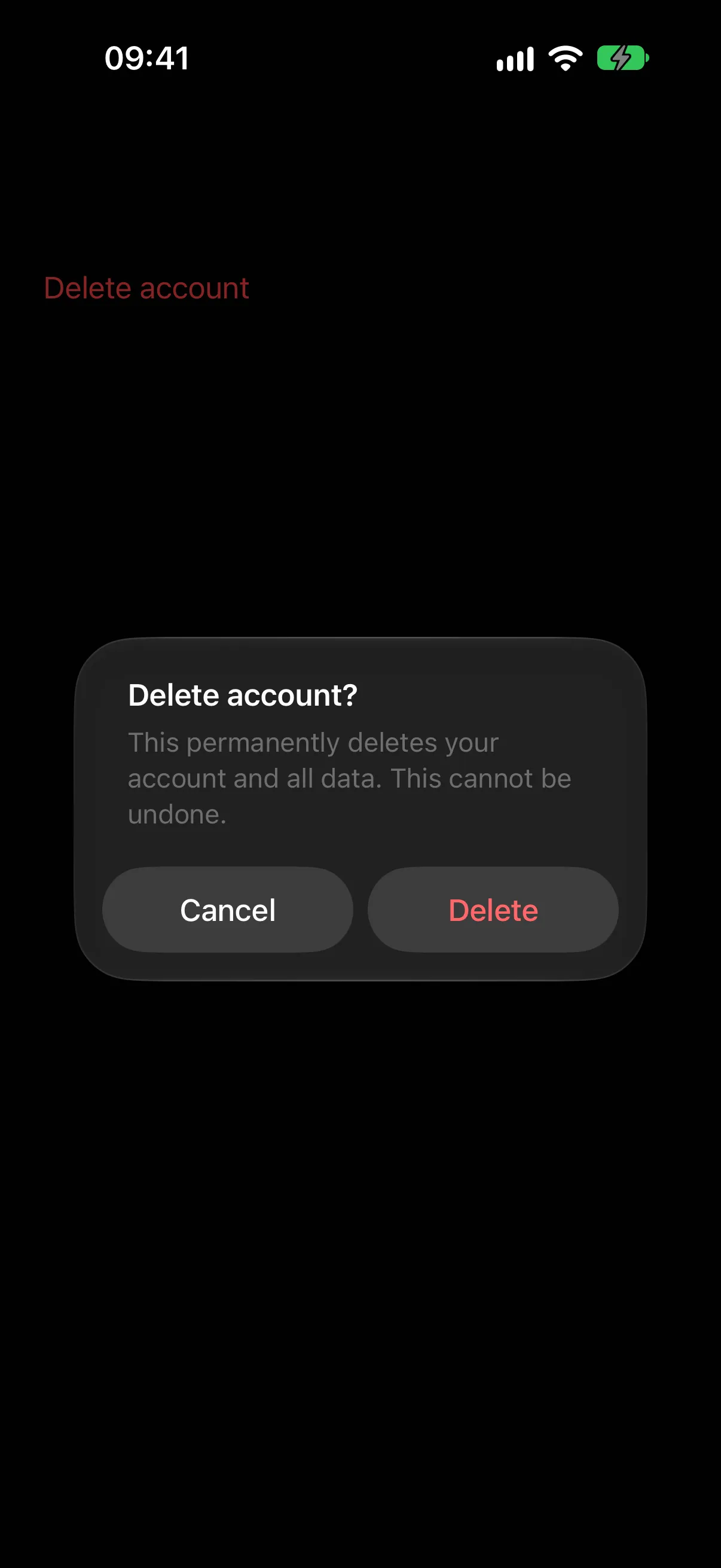 标题为 Delete account？包含消息、Cancel 按钮和红色 Delete 按钮的 Alert