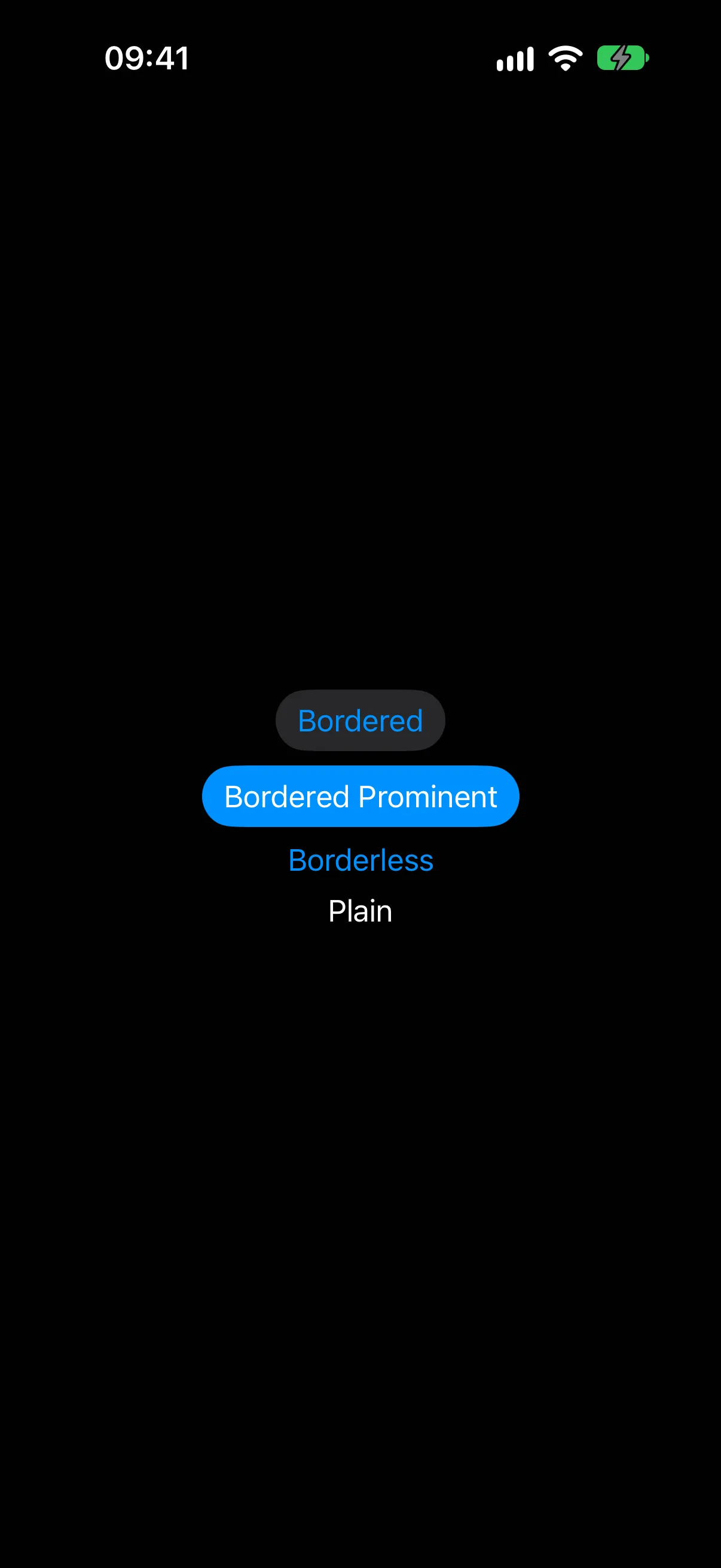 四个按钮，分别展示 bordered、bordered prominent、borderless 和 plain 样式