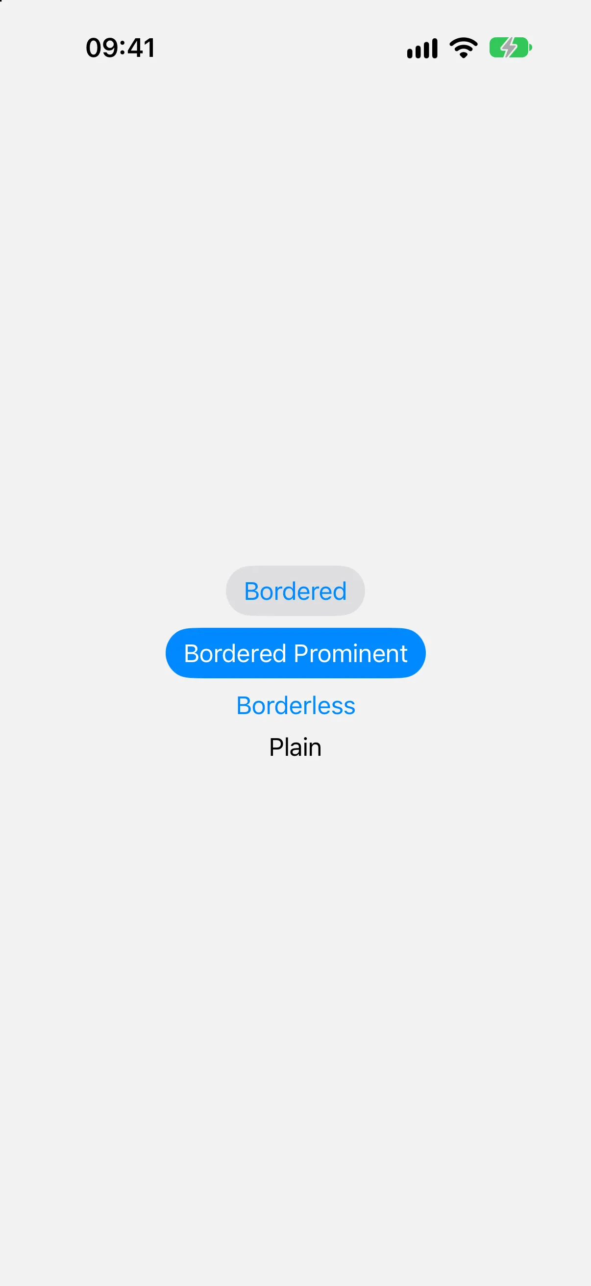 四个按钮，分别展示 bordered、bordered prominent、borderless 和 plain 样式