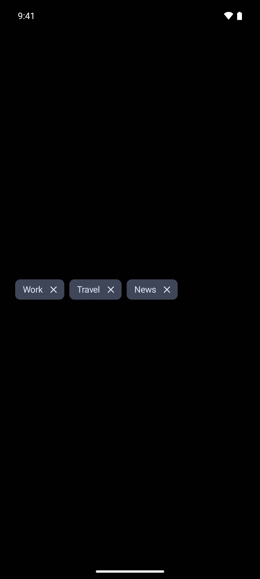 三个分别标有“工作”“旅行”和“新闻”的输入芯片，每个都带有关闭图标