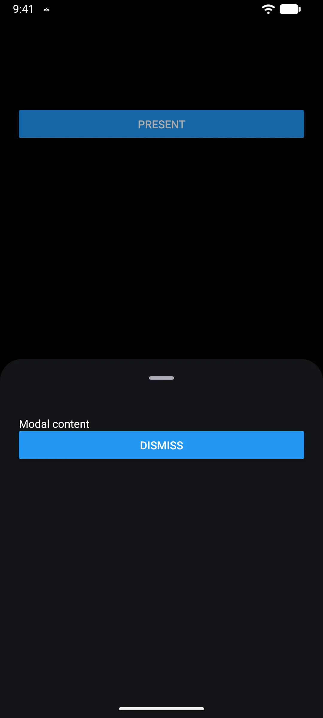 一个半高的模态底部弹窗，其中包含 Modal 内容和 Dismiss 按钮