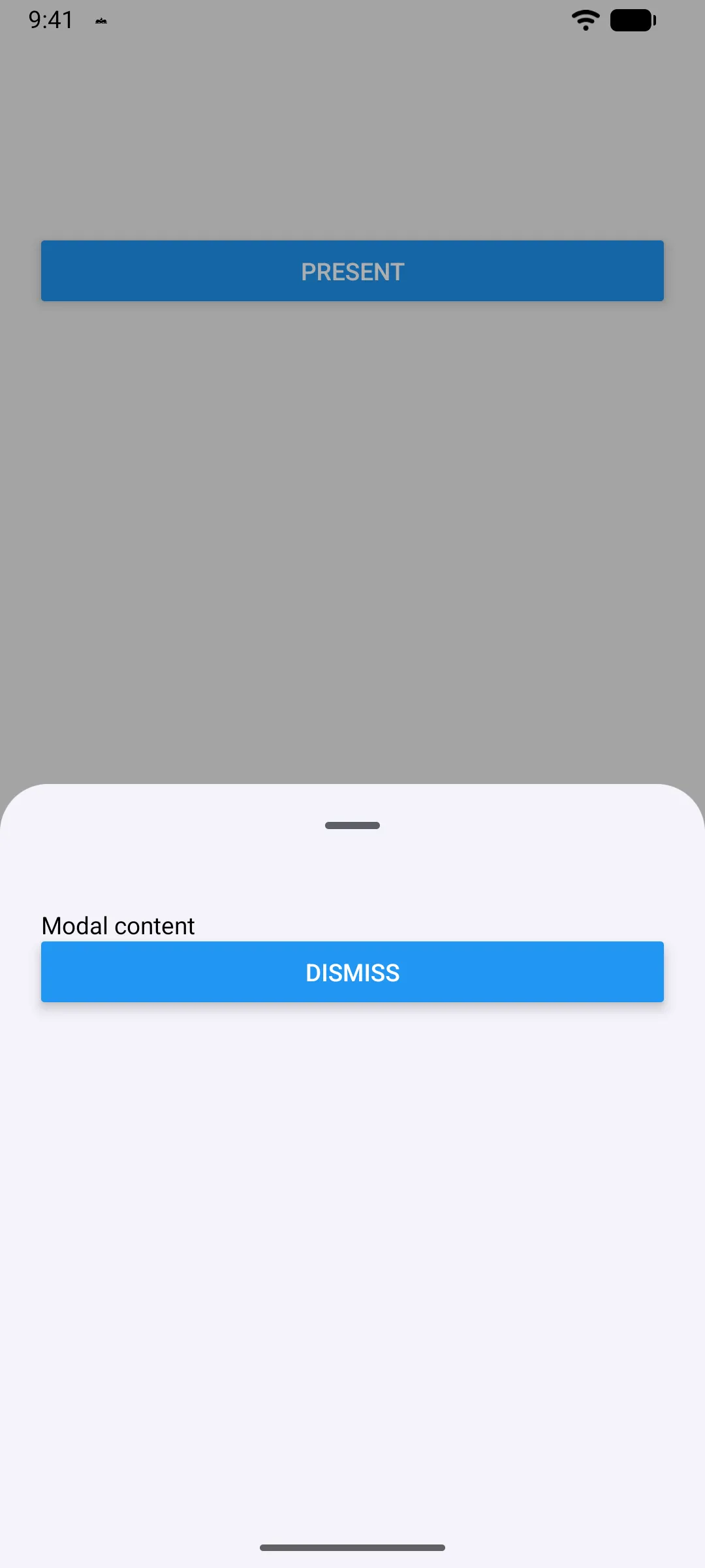一个半高的模态底部弹窗，其中包含 Modal 内容和 Dismiss 按钮