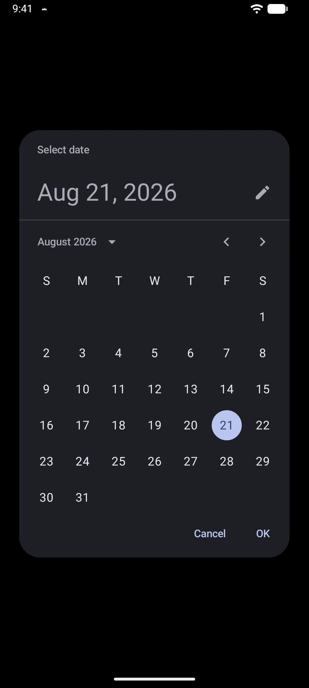 2026 年 8 月的 Material 3 日期选择器对话框