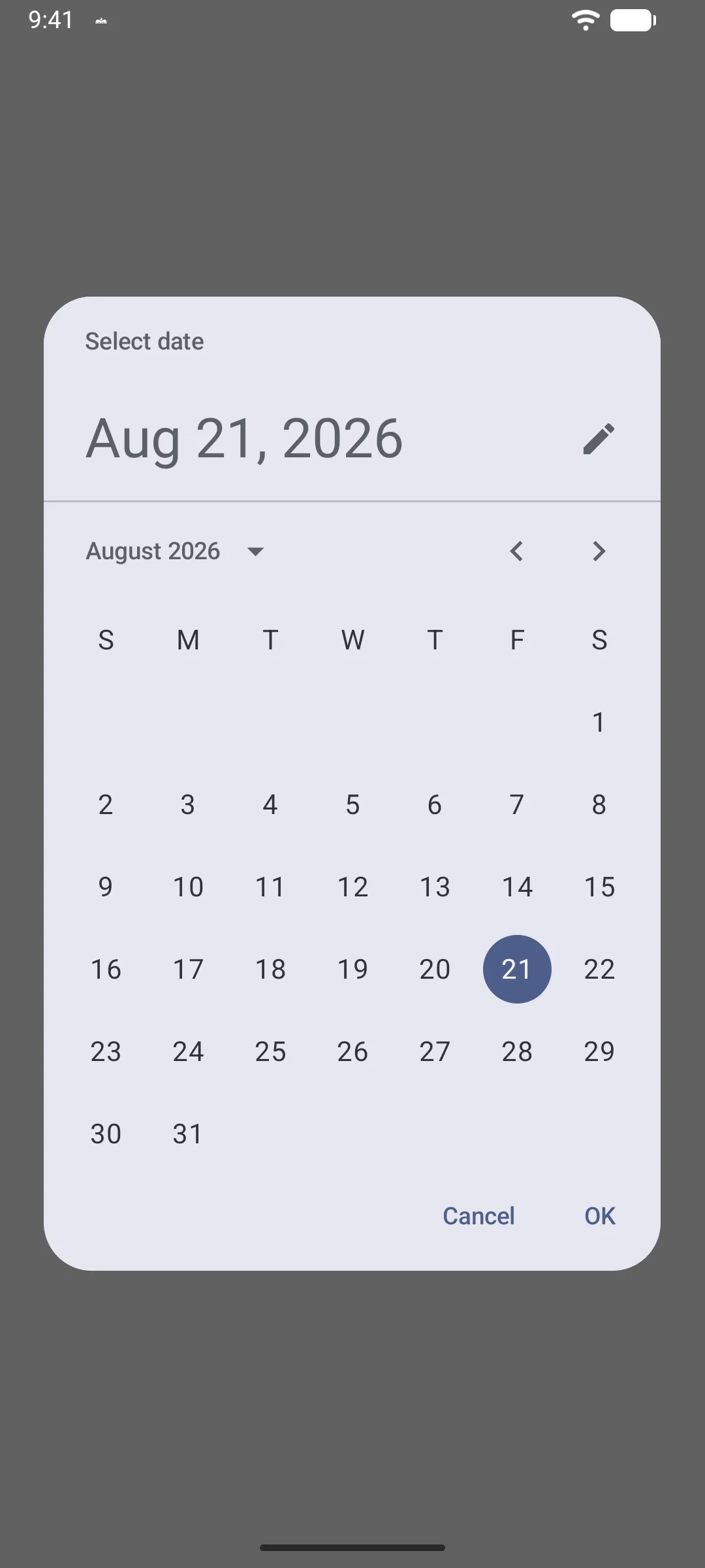 2026 年 8 月的 Material 3 日期选择器对话框