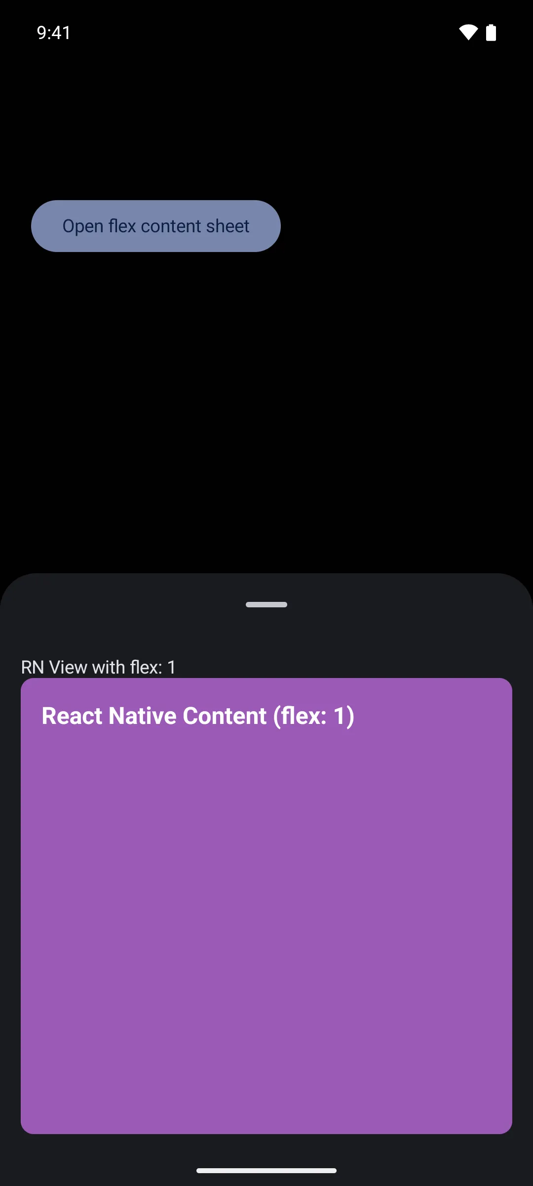 一个由紫色 React Native 视图填充的底部弹窗，该视图会伸展以适应弹窗高度