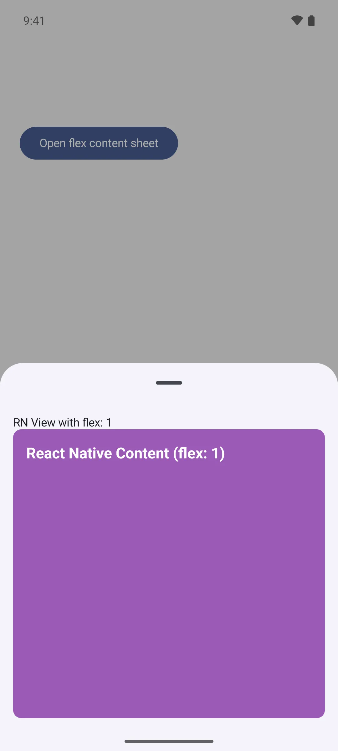 一个由紫色 React Native 视图填充的底部弹窗，该视图会伸展以适应弹窗高度