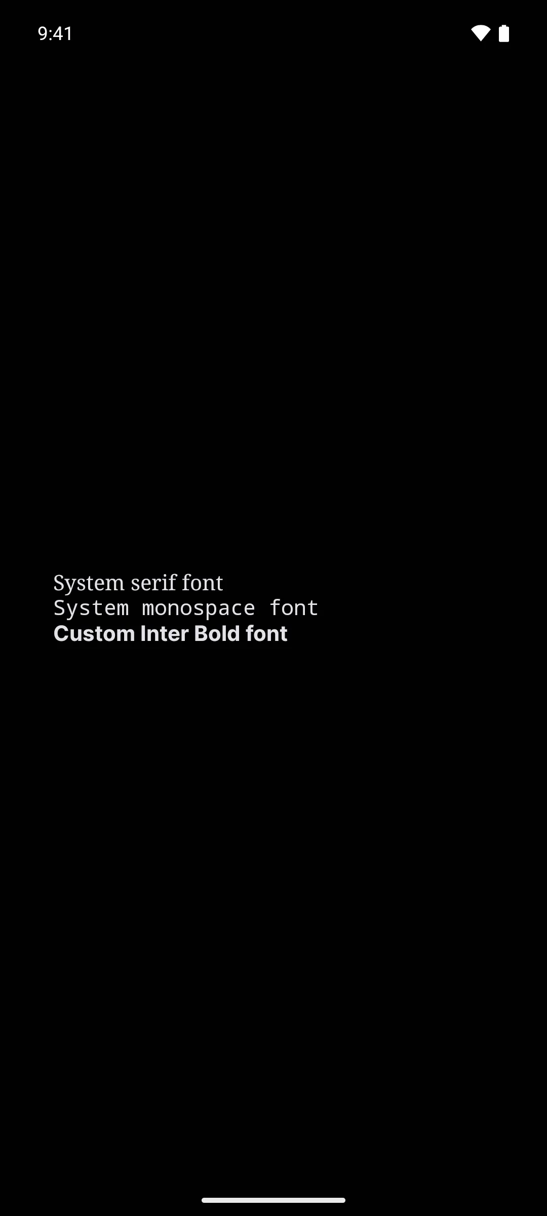 三行文字，分别使用系统衬线字体、系统等宽字体和 Inter Bold 字体