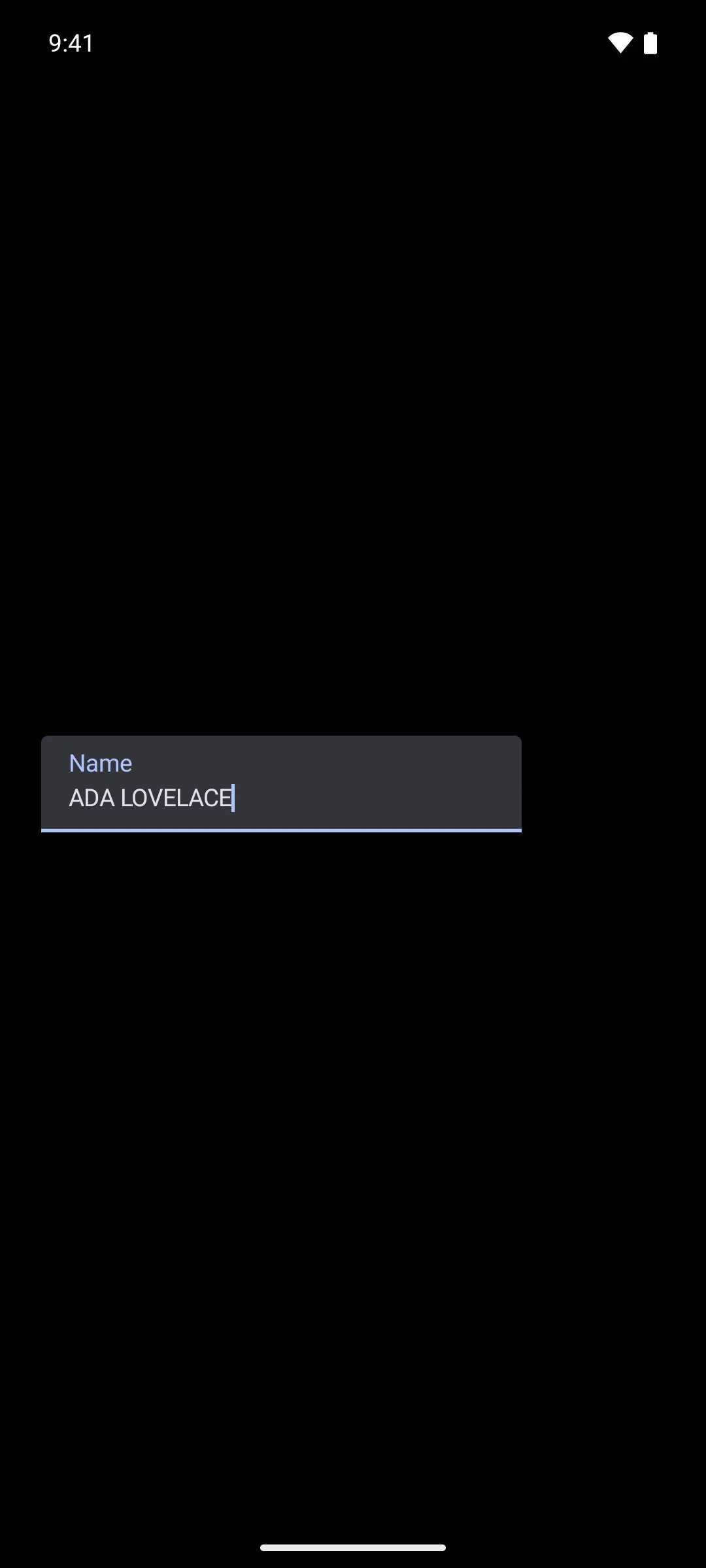 一个标注为 Name 的文本字段，内容为 ADA LOVELACE，输入时会转换为大写