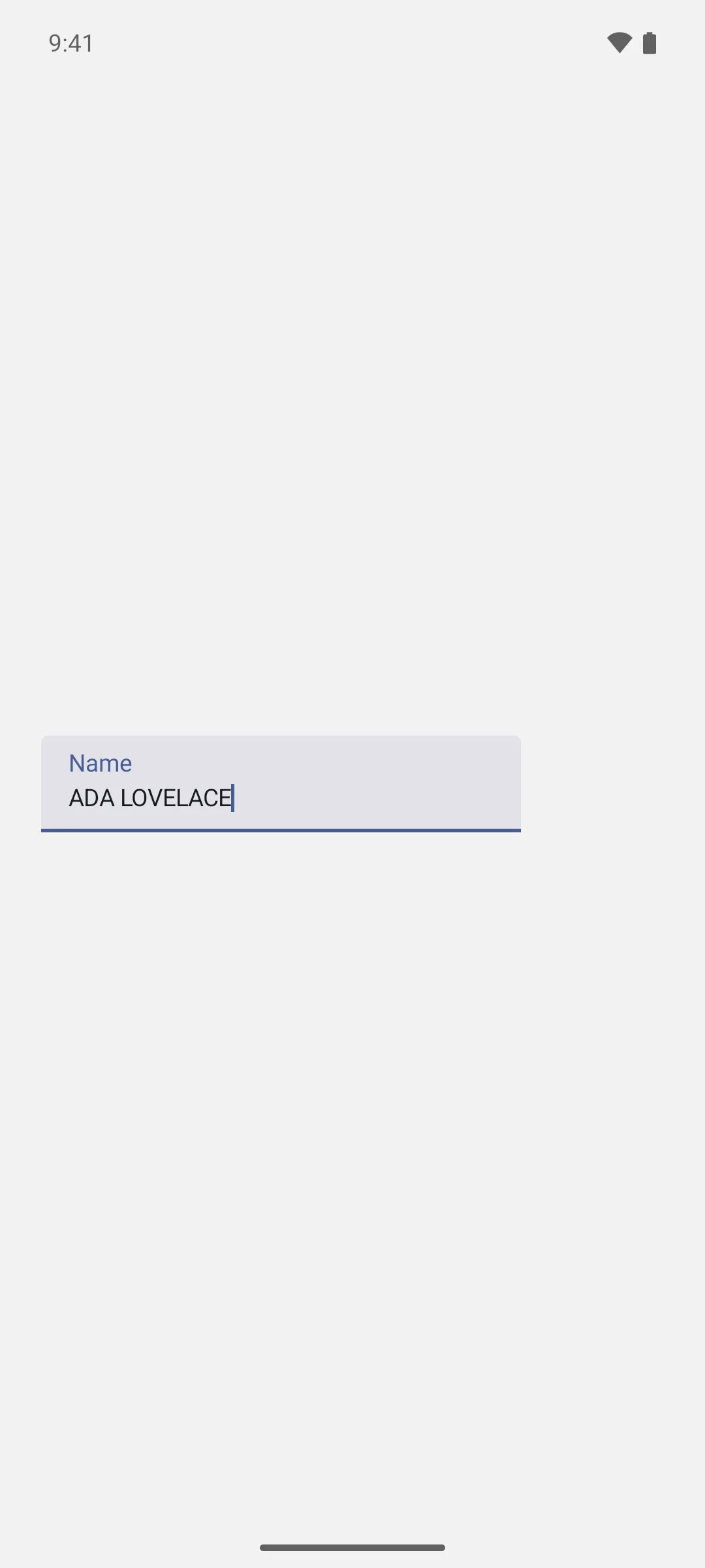 一个标注为 Name 的文本字段，内容为 ADA LOVELACE，输入时会转换为大写