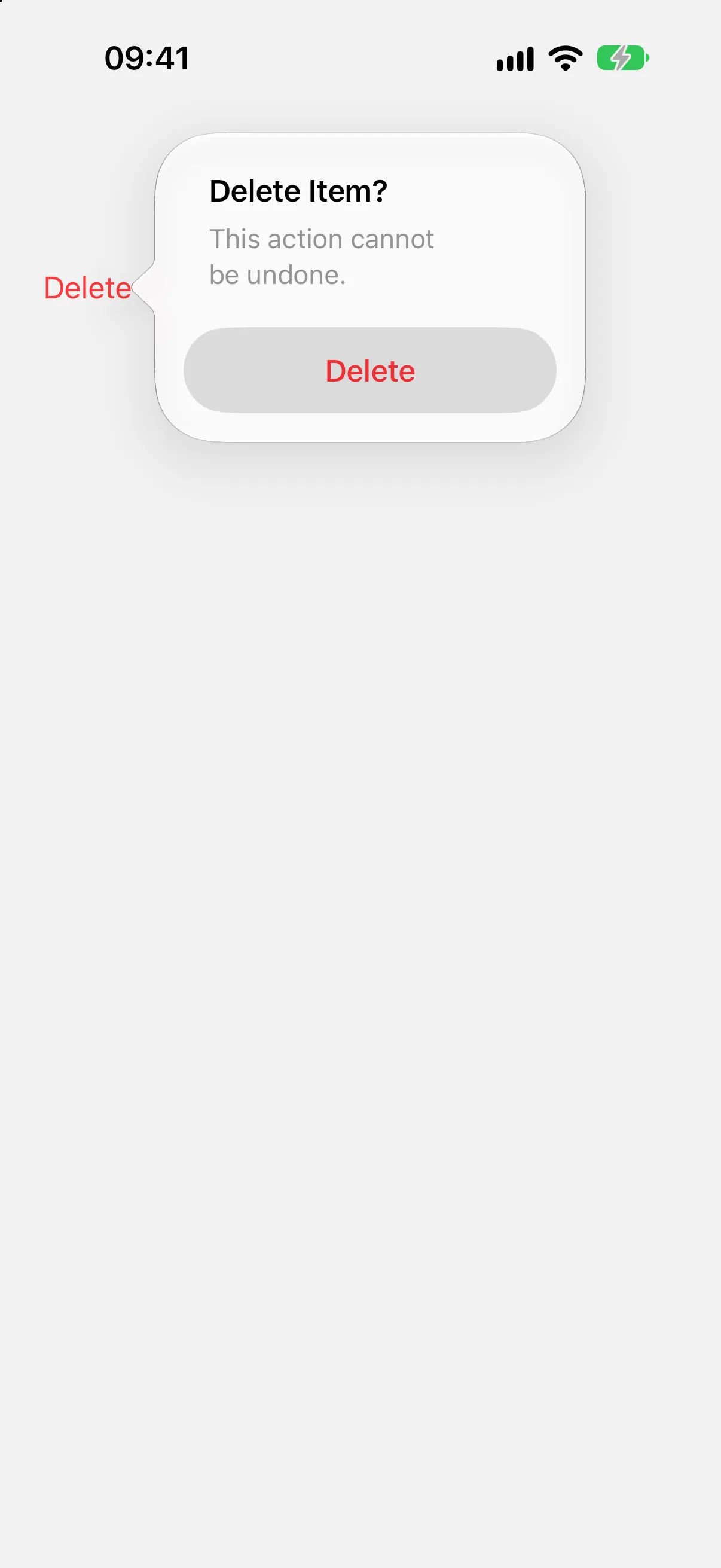 一个标题为“删除项目？”的对话框，包含一条消息和一个红色的“删除”按钮