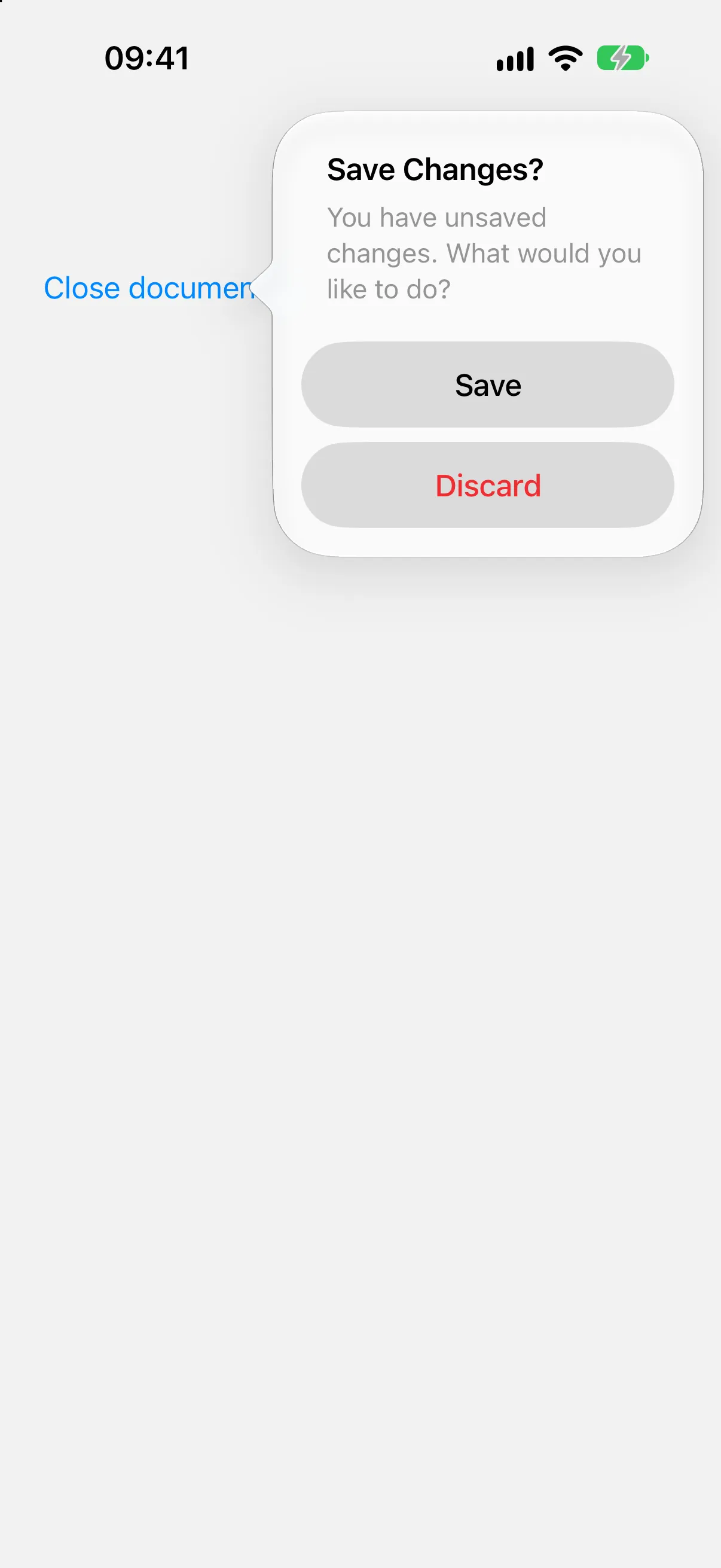 一个标题为“保存更改？”的对话框，包含一条消息、“保存”按钮和一个红色的“放弃”按钮
