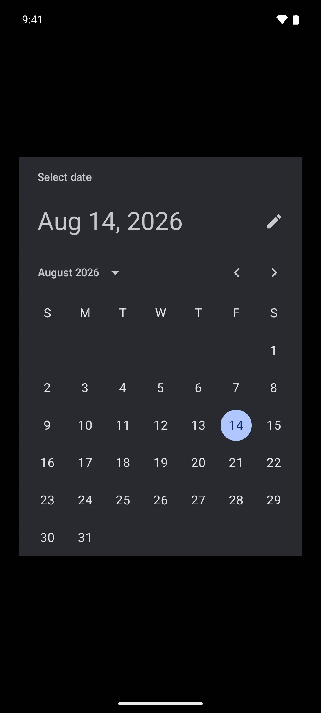 一款显示 2026 年 8 月且选中 14 日的 Material 3 日期选择器