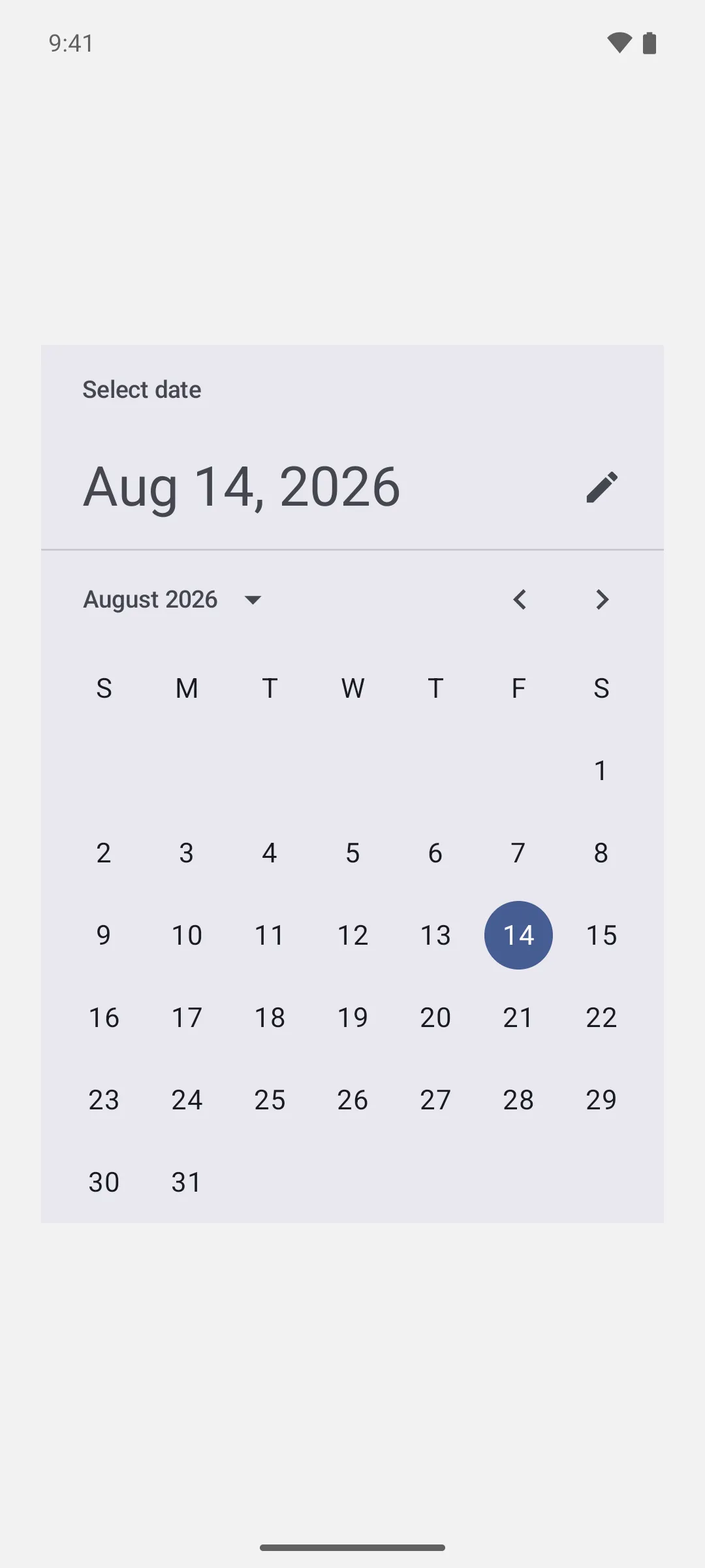 一款显示 2026 年 8 月且选中 14 日的 Material 3 日期选择器