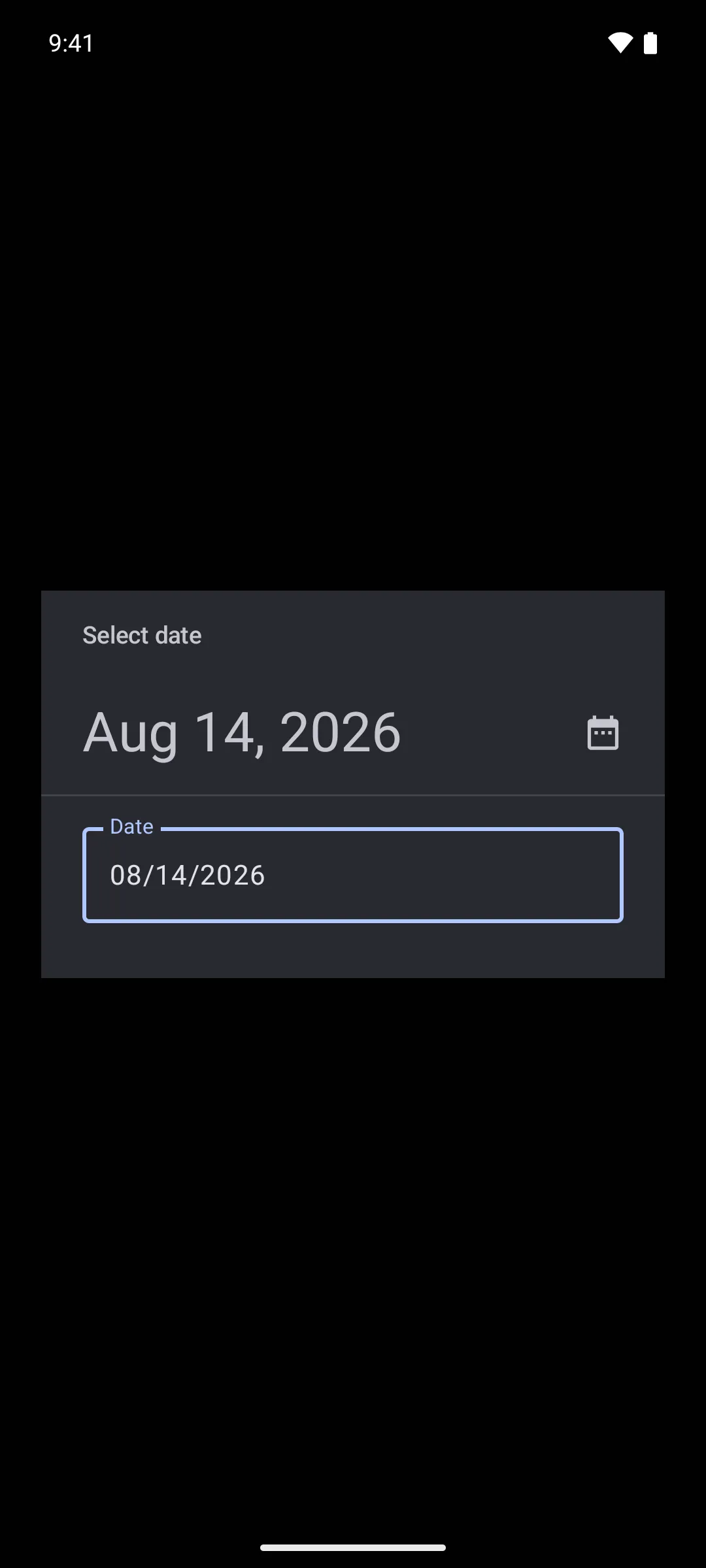 一款处于输入模式的日期选择器，包含一个显示 08/14/2026 的 Date 文本字段