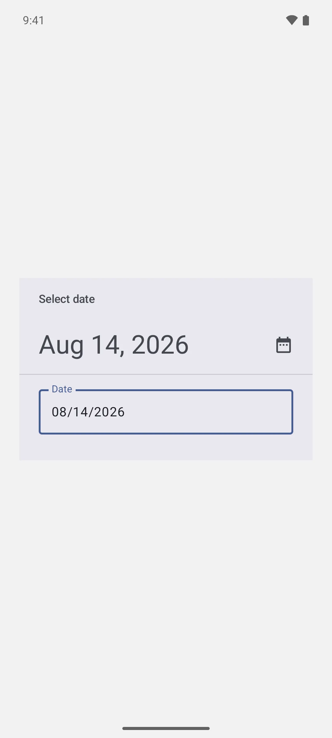 一款处于输入模式的日期选择器，包含一个显示 08/14/2026 的 Date 文本字段