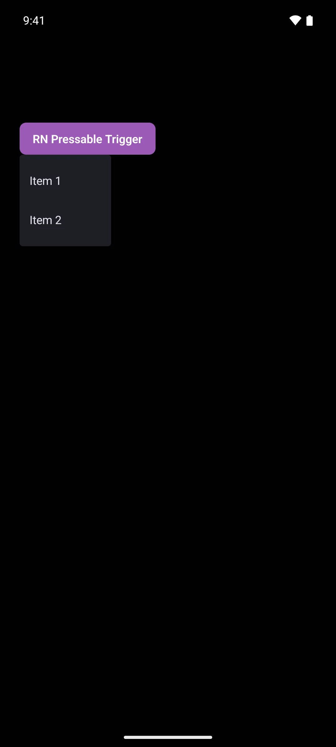 一个紫色的 React Native 按钮，下方打开的菜单中包含项目 1 和项目 2