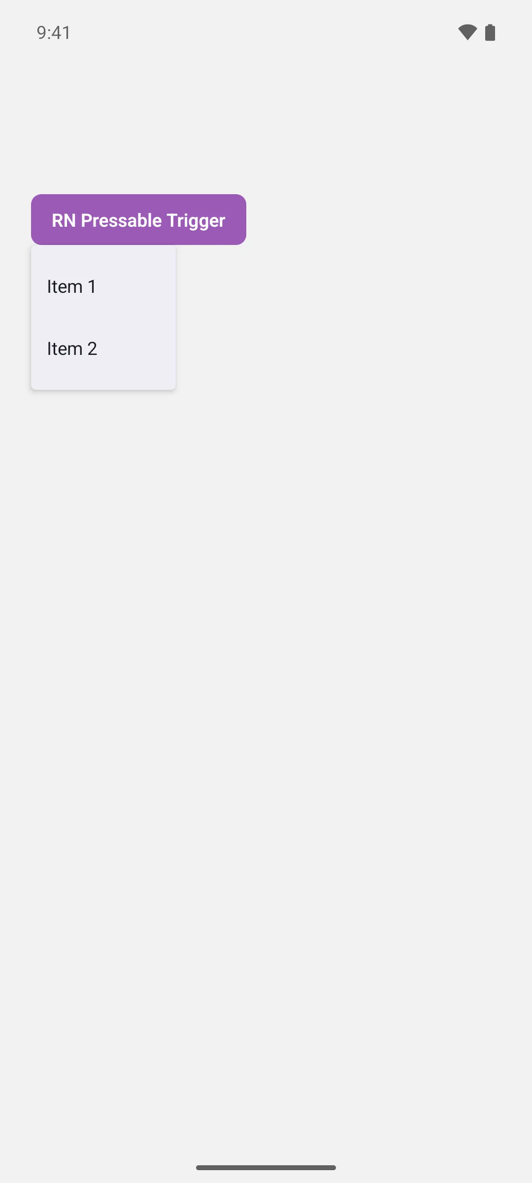 一个紫色的 React Native 按钮，下方打开的菜单中包含项目 1 和项目 2