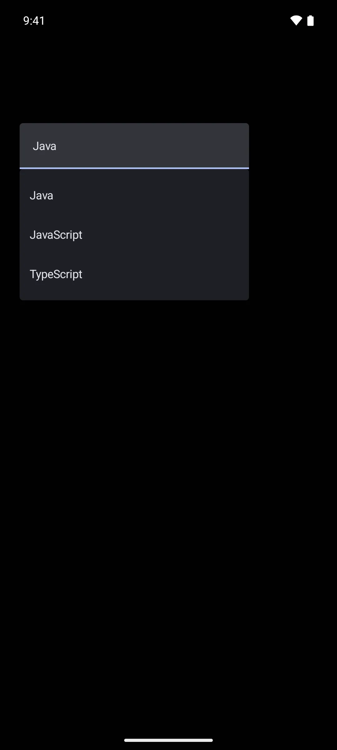 一个只读文本字段，显示 Java，其下方展开的菜单列出了 Java、JavaScript 和 TypeScript