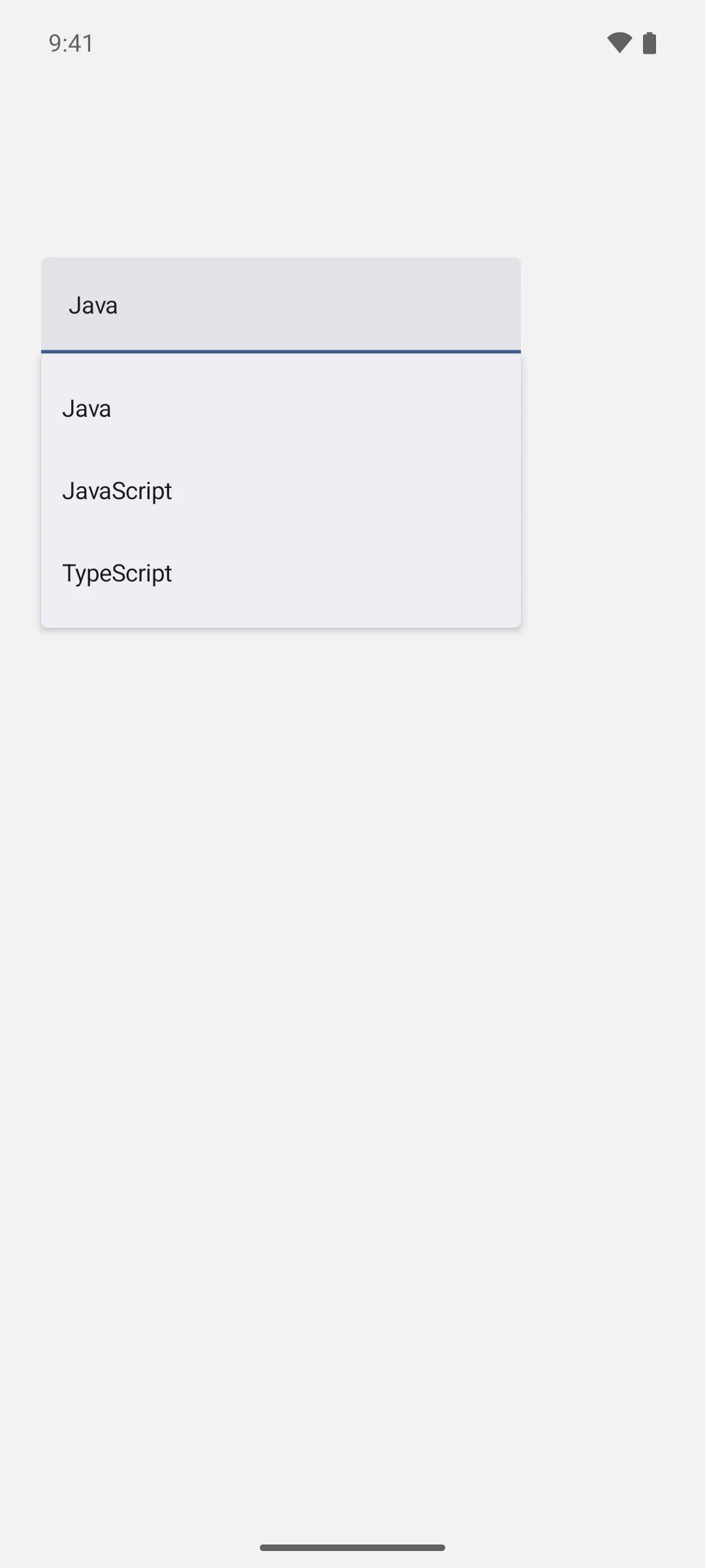 一个只读文本字段，显示 Java，其下方展开的菜单列出了 Java、JavaScript 和 TypeScript