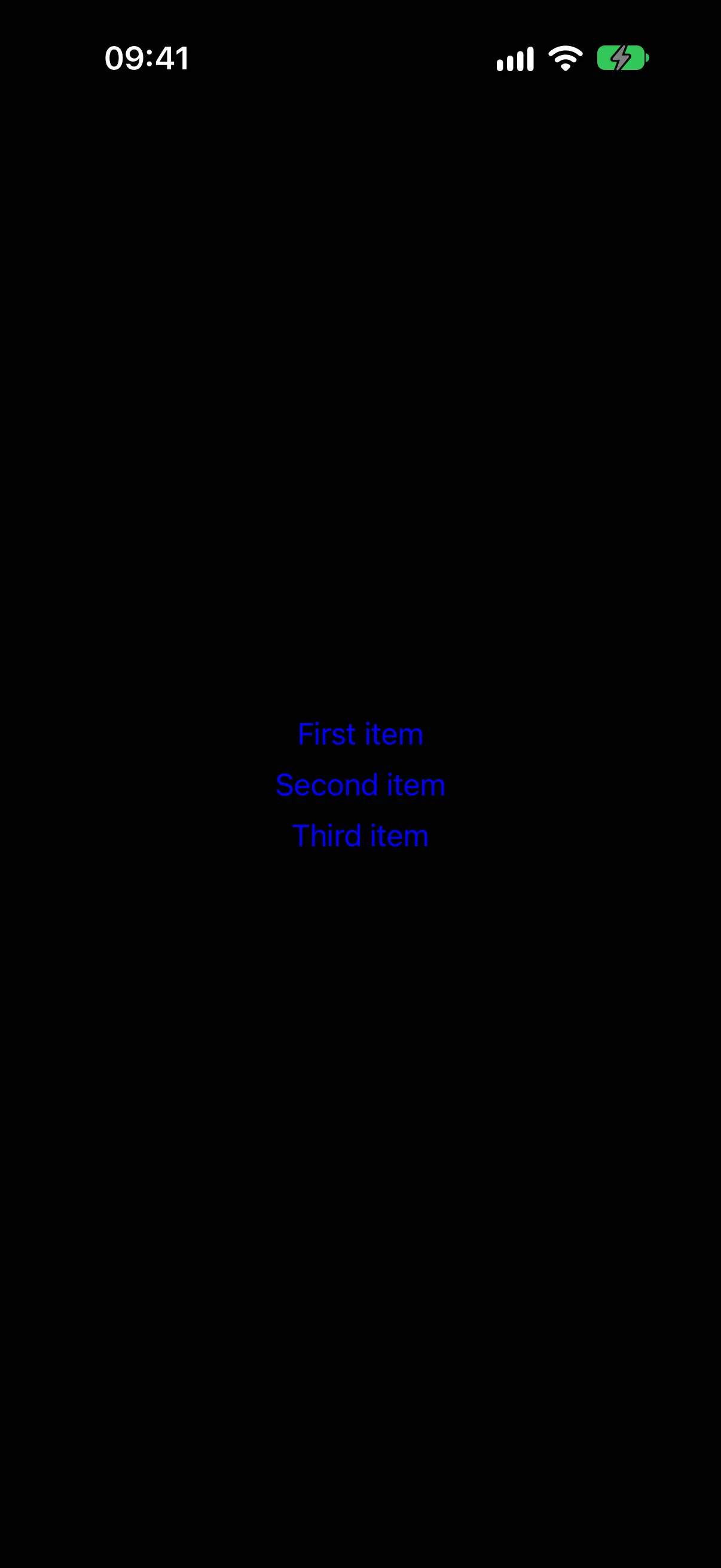 三行垂直堆叠的蓝色文本：First item、Second item 和 Third item。