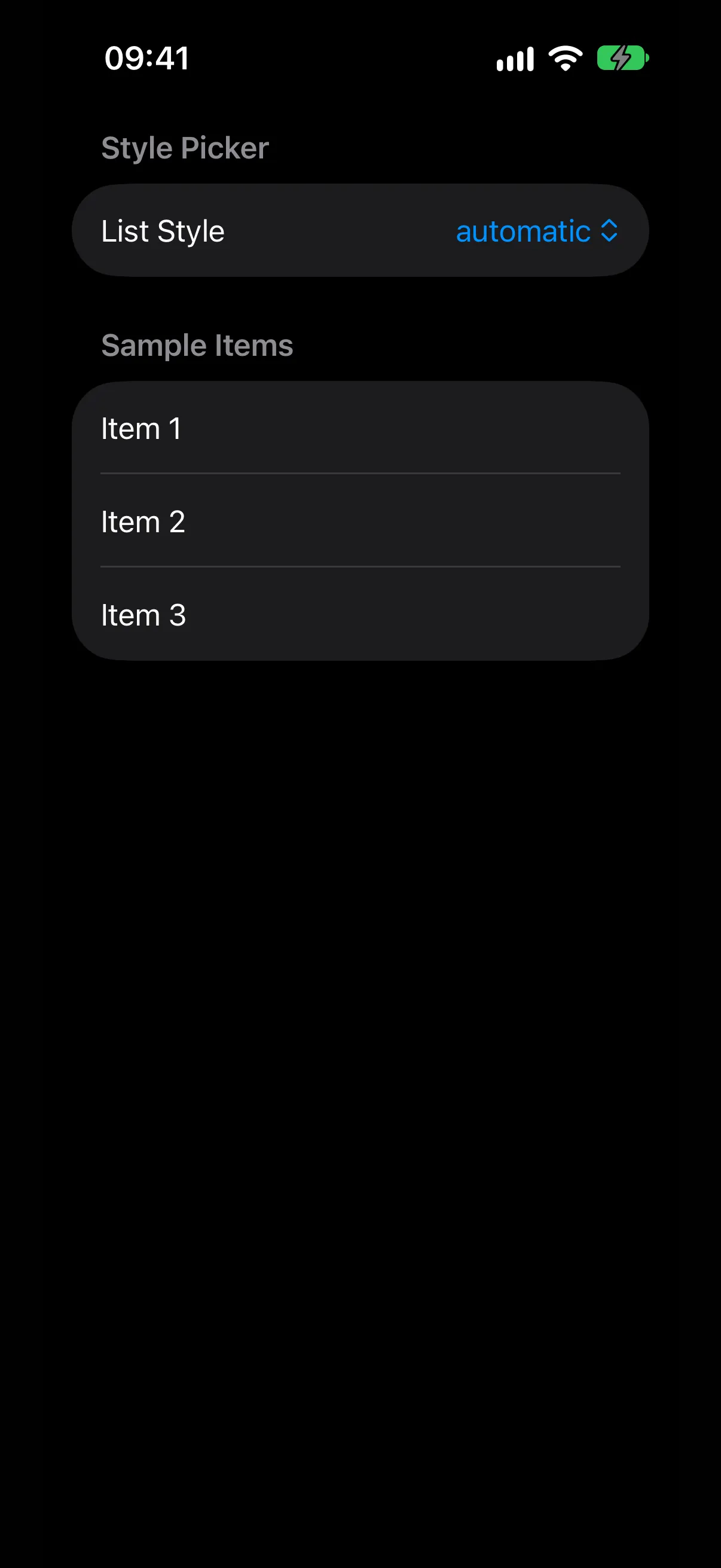 一个列表，包含一个设为 automatic 的 List Style 菜单选择器和三个示例项目