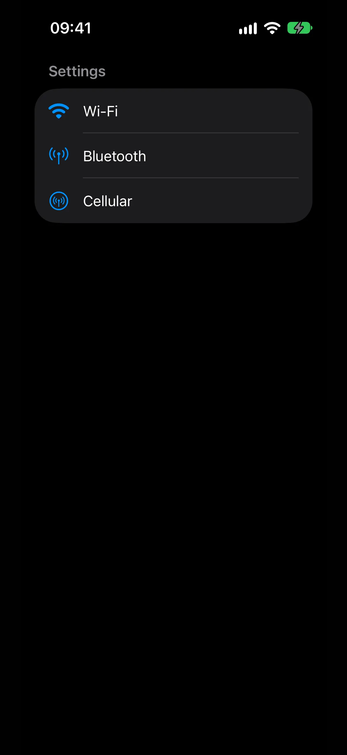 一个设置列表，包含带蓝色 SF Symbol 图标的 Wi-Fi、Bluetooth 和 Cellular 行
