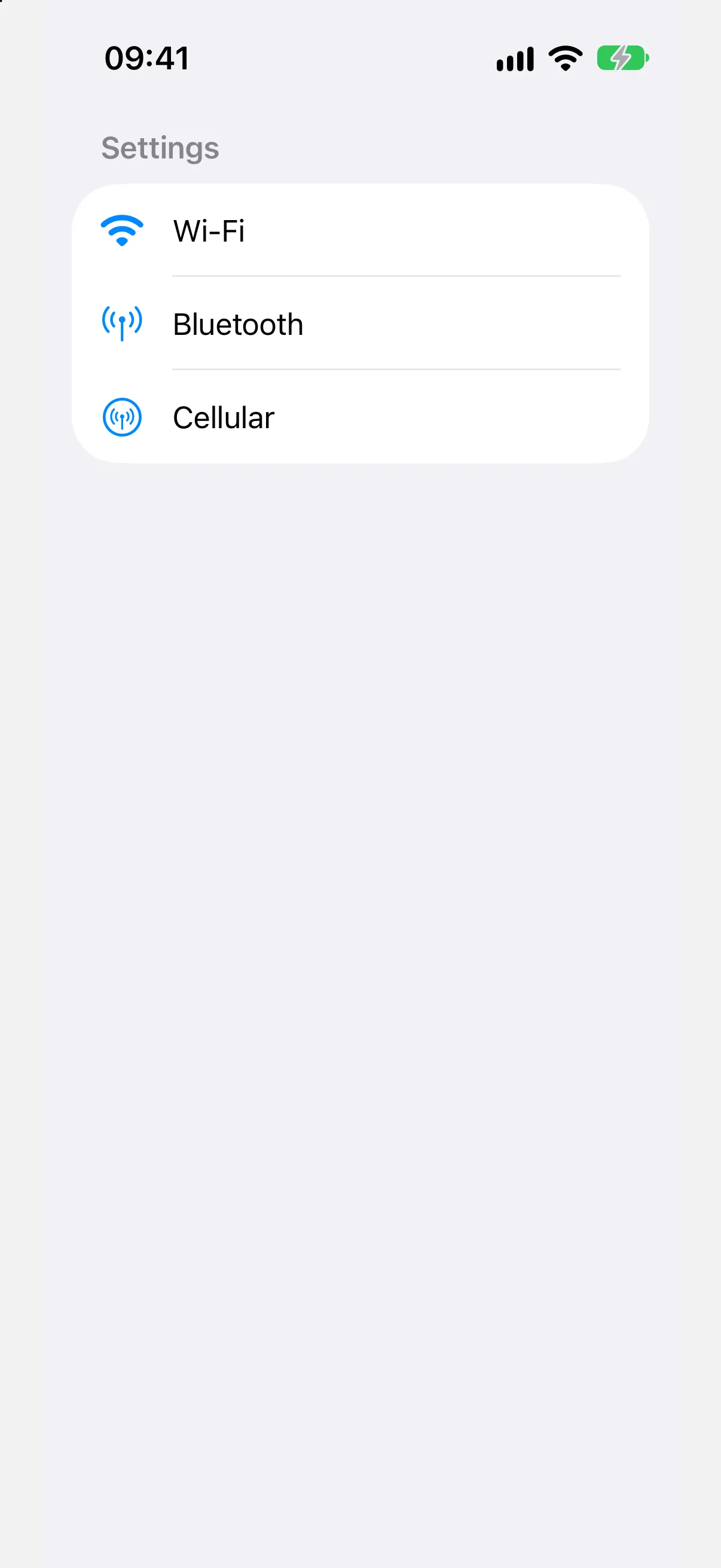 一个设置列表，包含带蓝色 SF Symbol 图标的 Wi-Fi、Bluetooth 和 Cellular 行
