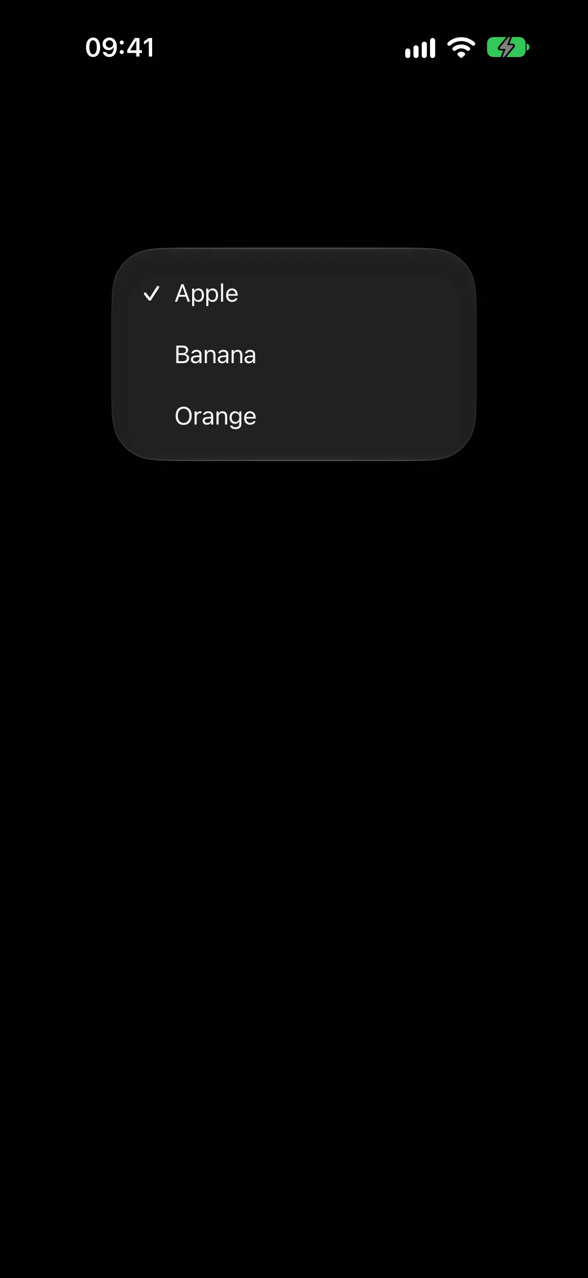 一个打开的菜单选择器，列出带勾选标记的 Apple、Banana 和 Orange