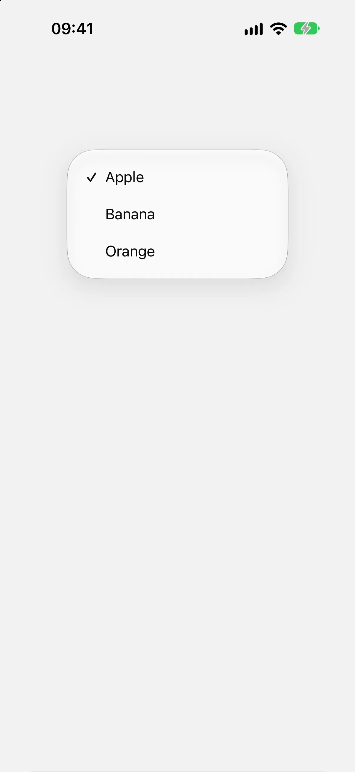 一个打开的菜单选择器，列出带勾选标记的 Apple、Banana 和 Orange