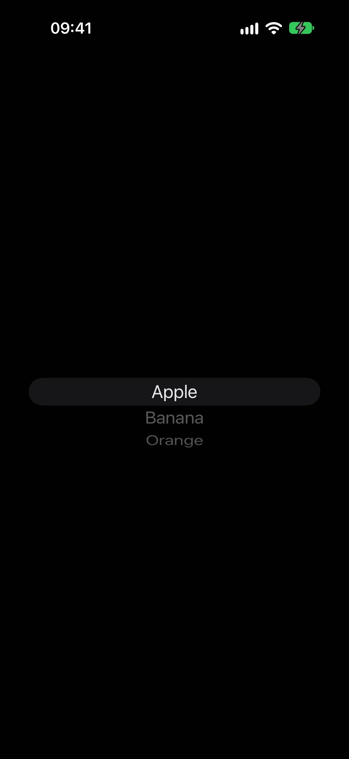 一个滚轮选择器，Apple 选中在中央带状区域，位于 Banana 和 Orange 上方
