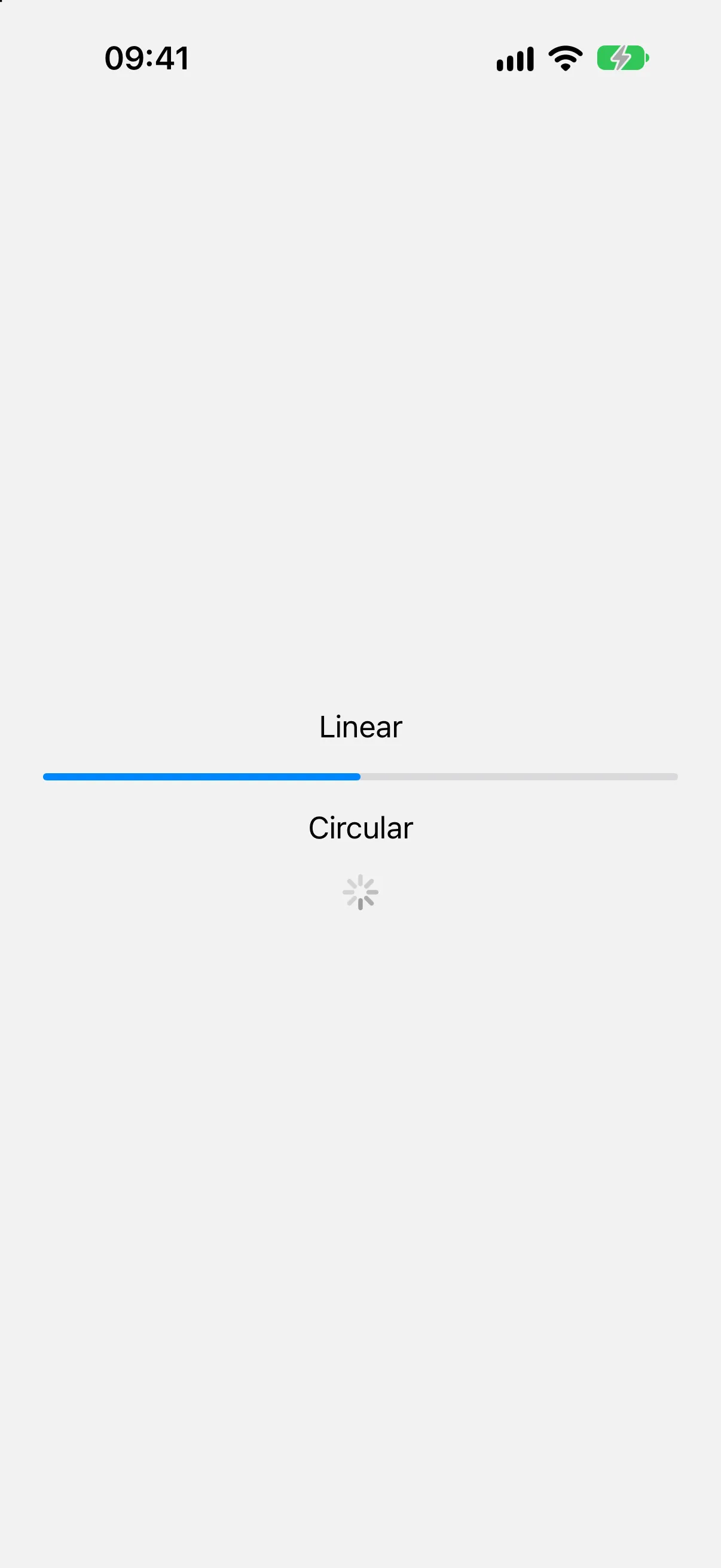 一个带有 Linear 标签、填充一半的线性进度条，位于带有 Circular 标签的圆形旋转指示器上方
