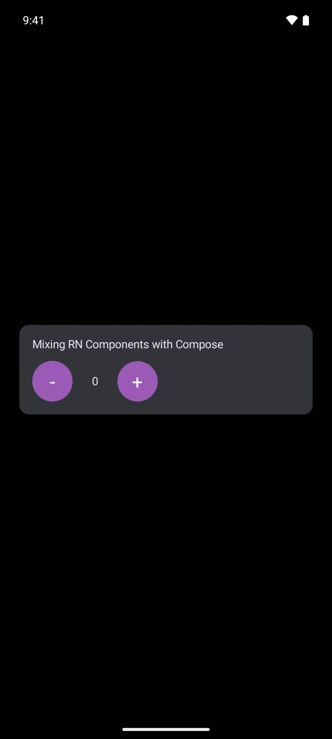 一个 Compose 卡片，左右两侧分别是 React Native 减号和加号按钮，中间是显示零的 Compose 计数器