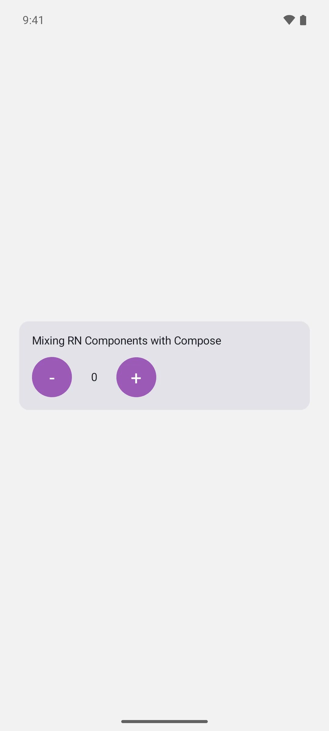 一个 Compose 卡片，左右两侧分别是 React Native 减号和加号按钮，中间是显示零的 Compose 计数器