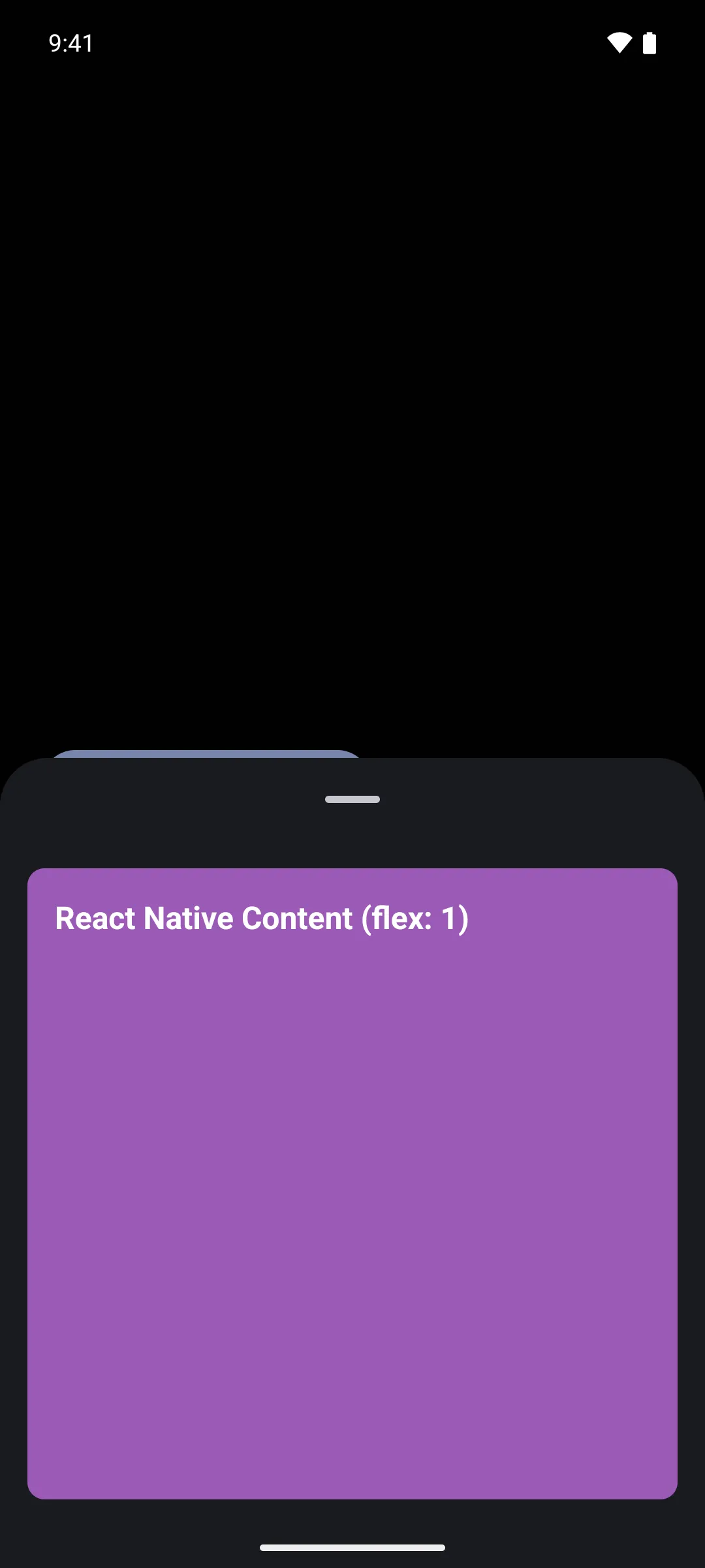一个由紫色 React Native 视图填满的底部抽屉，该视图标注为 React Native Content（flex: 1）