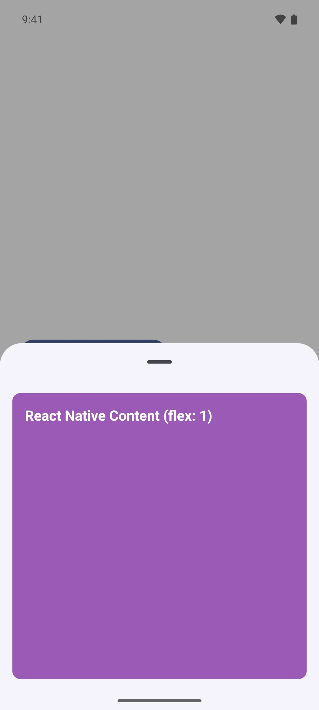 一个由紫色 React Native 视图填满的底部抽屉，该视图标注为 React Native Content（flex: 1）