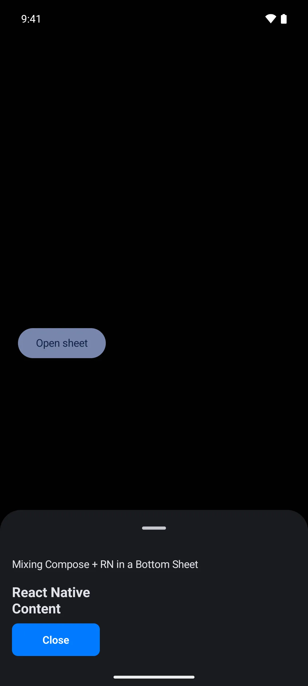 一个底部抽屉，上方是 Compose 标题，下方是 React Native 文本和蓝色关闭按钮