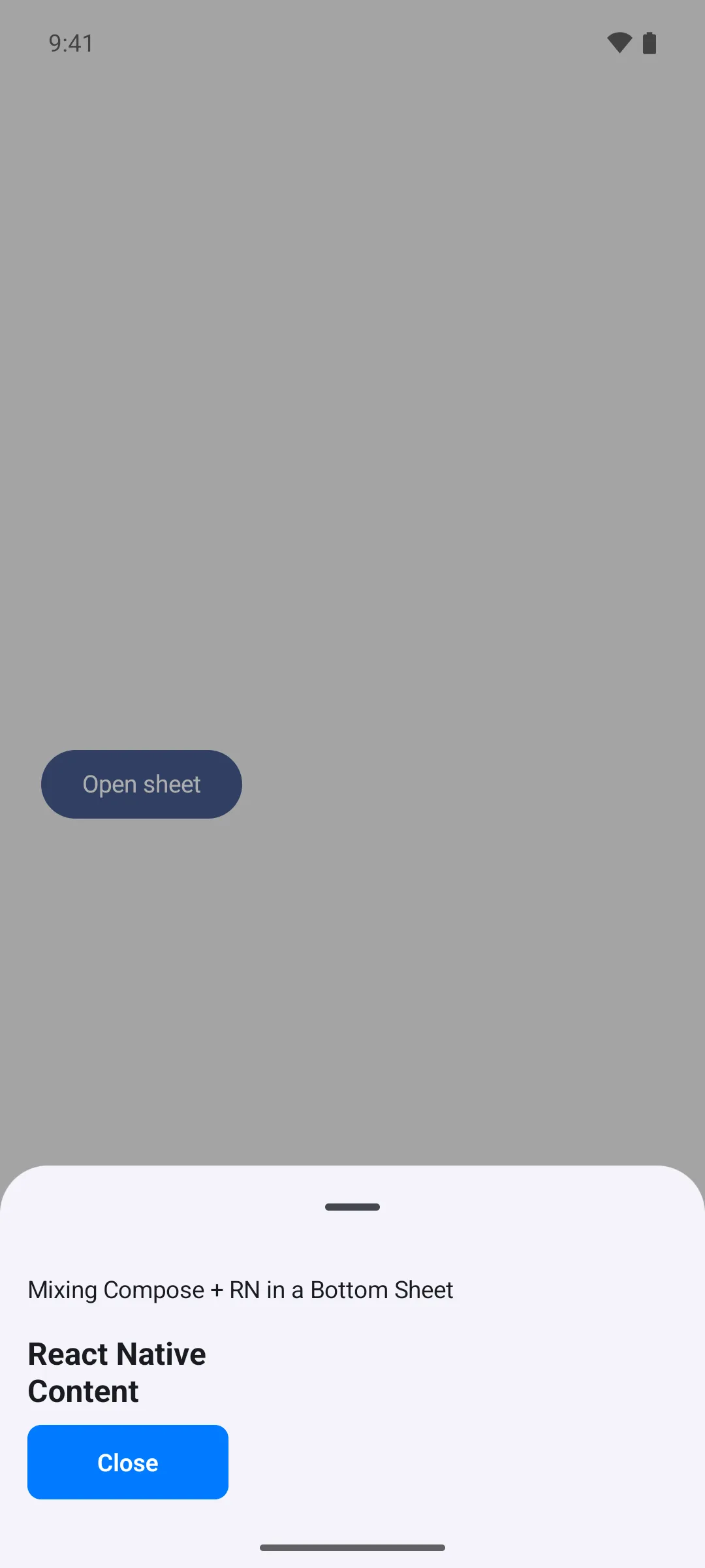 一个底部抽屉，上方是 Compose 标题，下方是 React Native 文本和蓝色关闭按钮