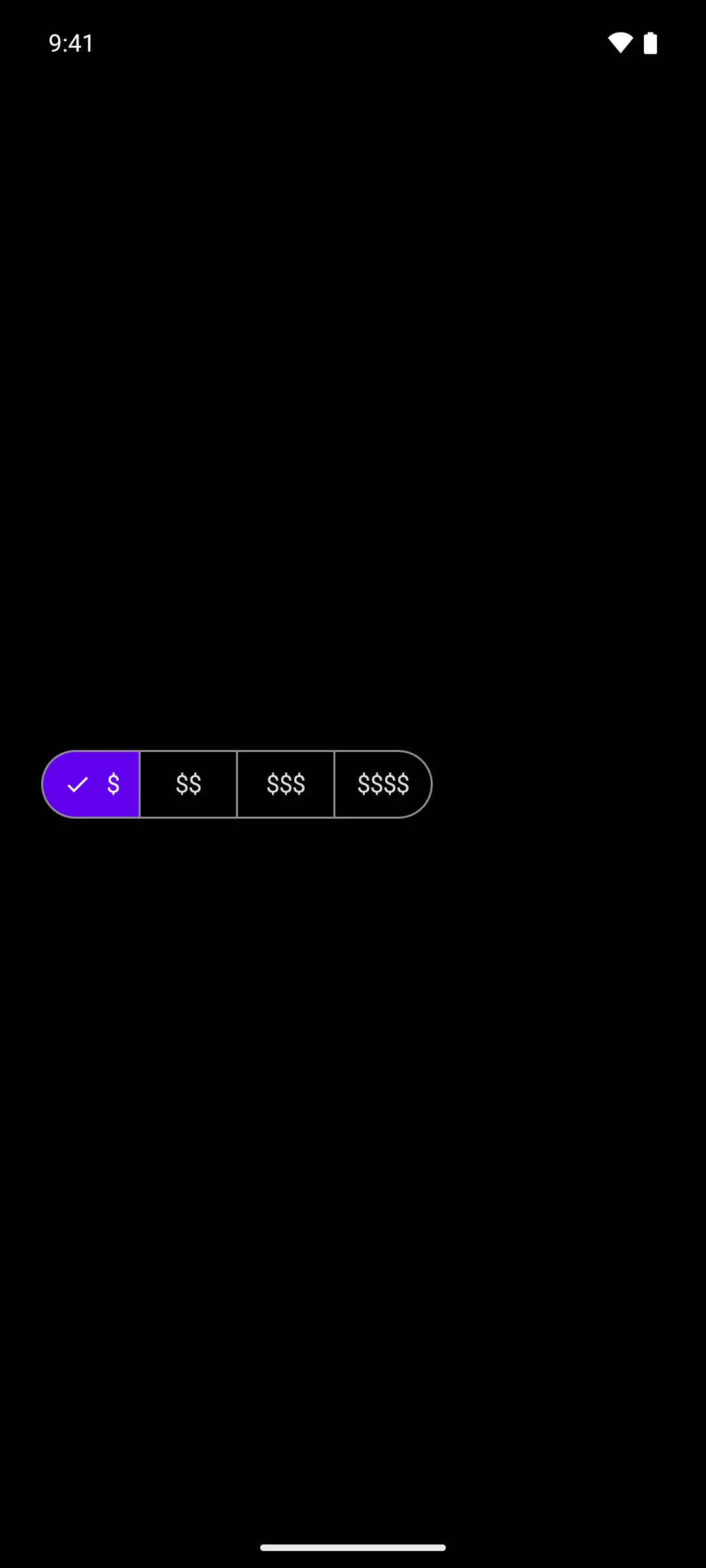 价格档位分段按钮行，选中的分段填充为紫色