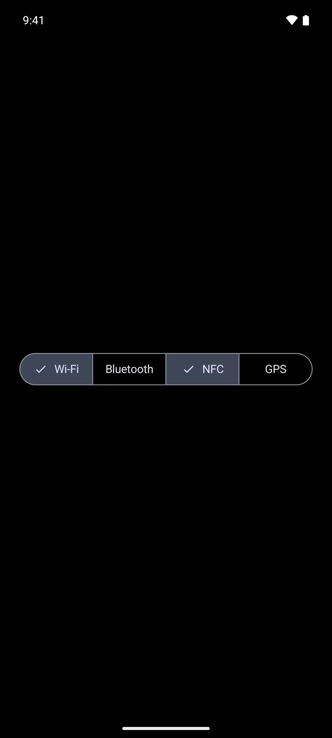 多选分段按钮行，Wi-Fi 和 NFC 已选中，Bluetooth 和 GPS 未选中