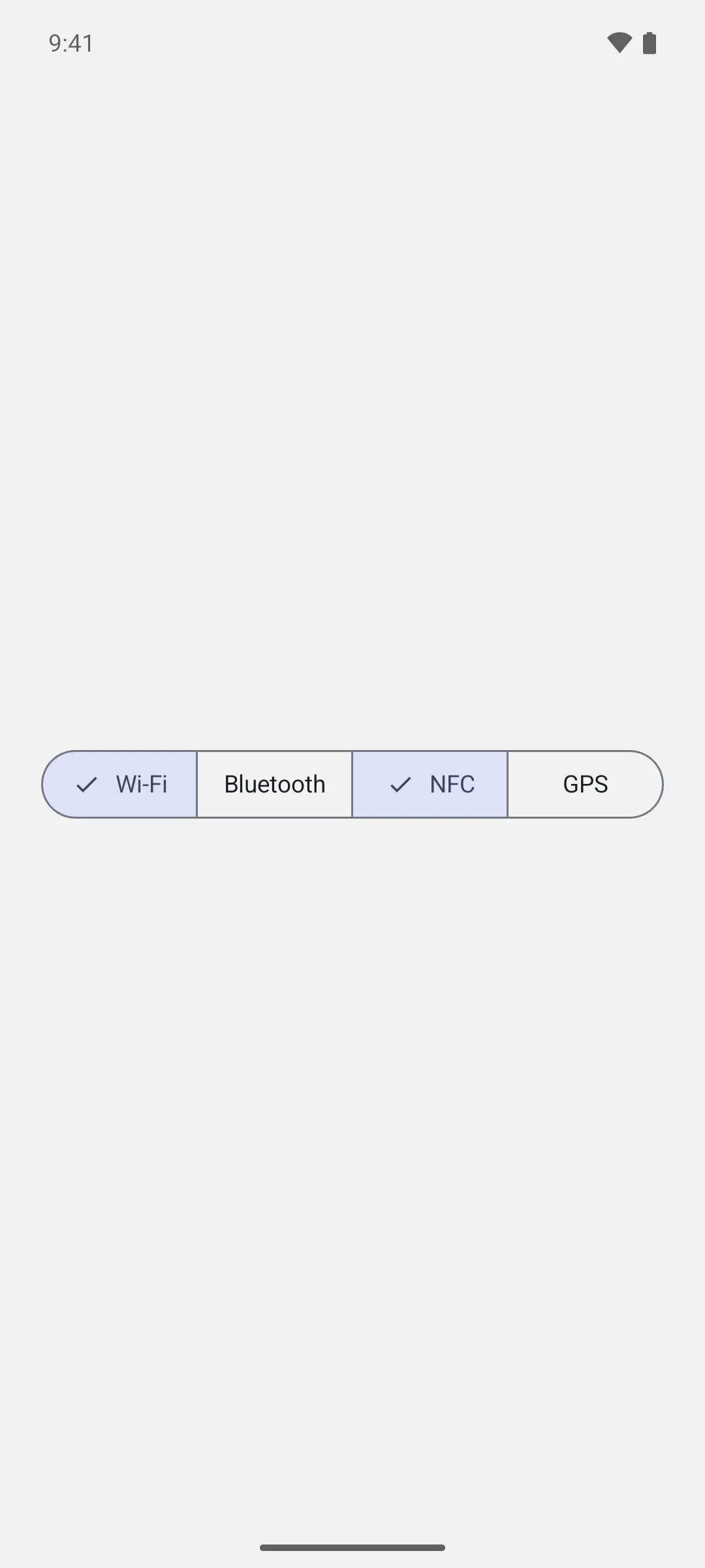 多选分段按钮行，Wi-Fi 和 NFC 已选中，Bluetooth 和 GPS 未选中