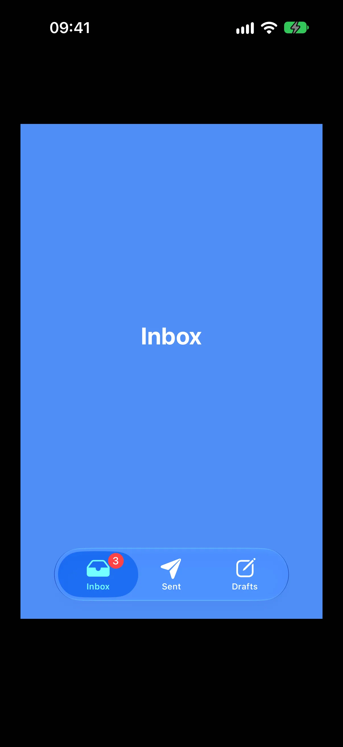 一个蓝色的 Inbox 页面，下方是包含 Inbox、Sent 和 Drafts 的标签栏，其中 Inbox 带有显示 3 的红色徽标