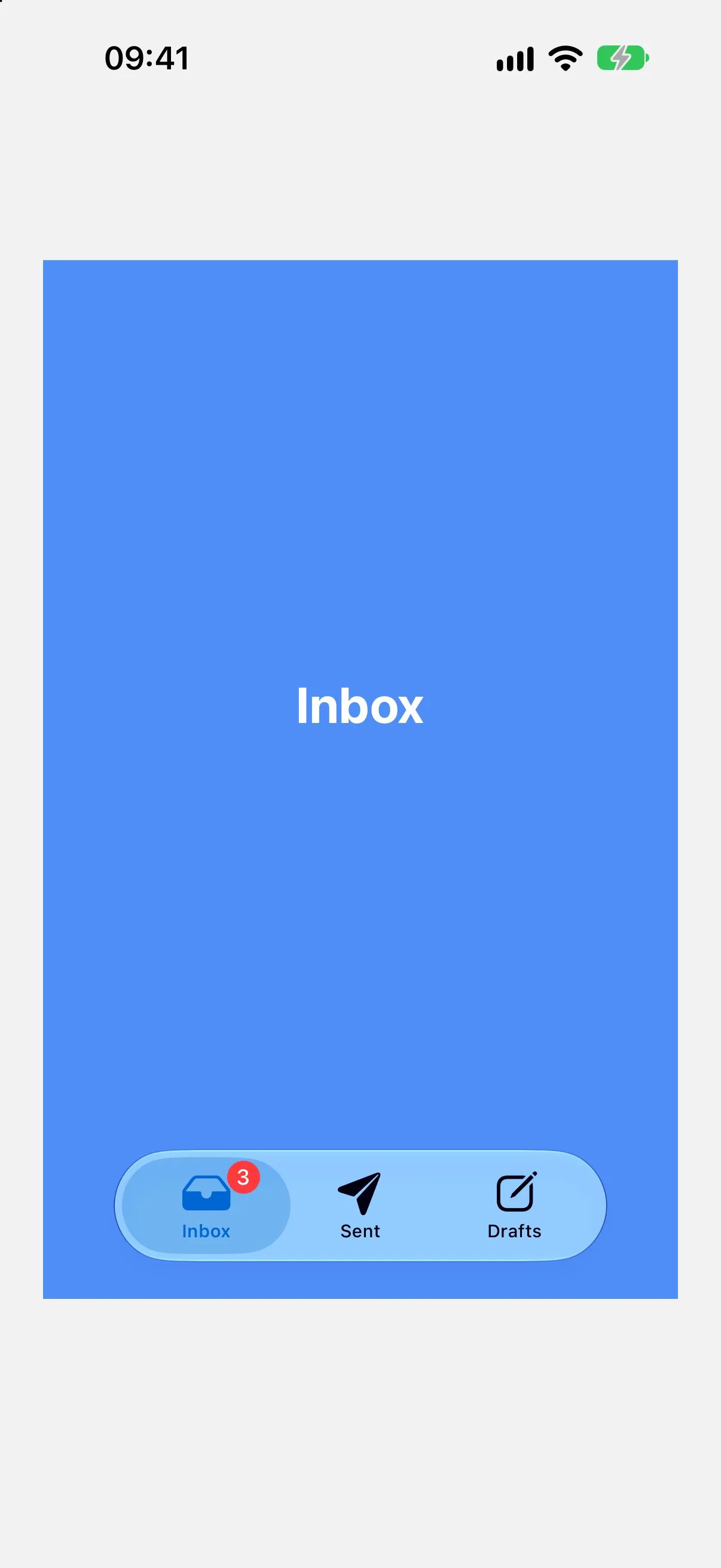 一个蓝色的 Inbox 页面，下方是包含 Inbox、Sent 和 Drafts 的标签栏，其中 Inbox 带有显示 3 的红色徽标