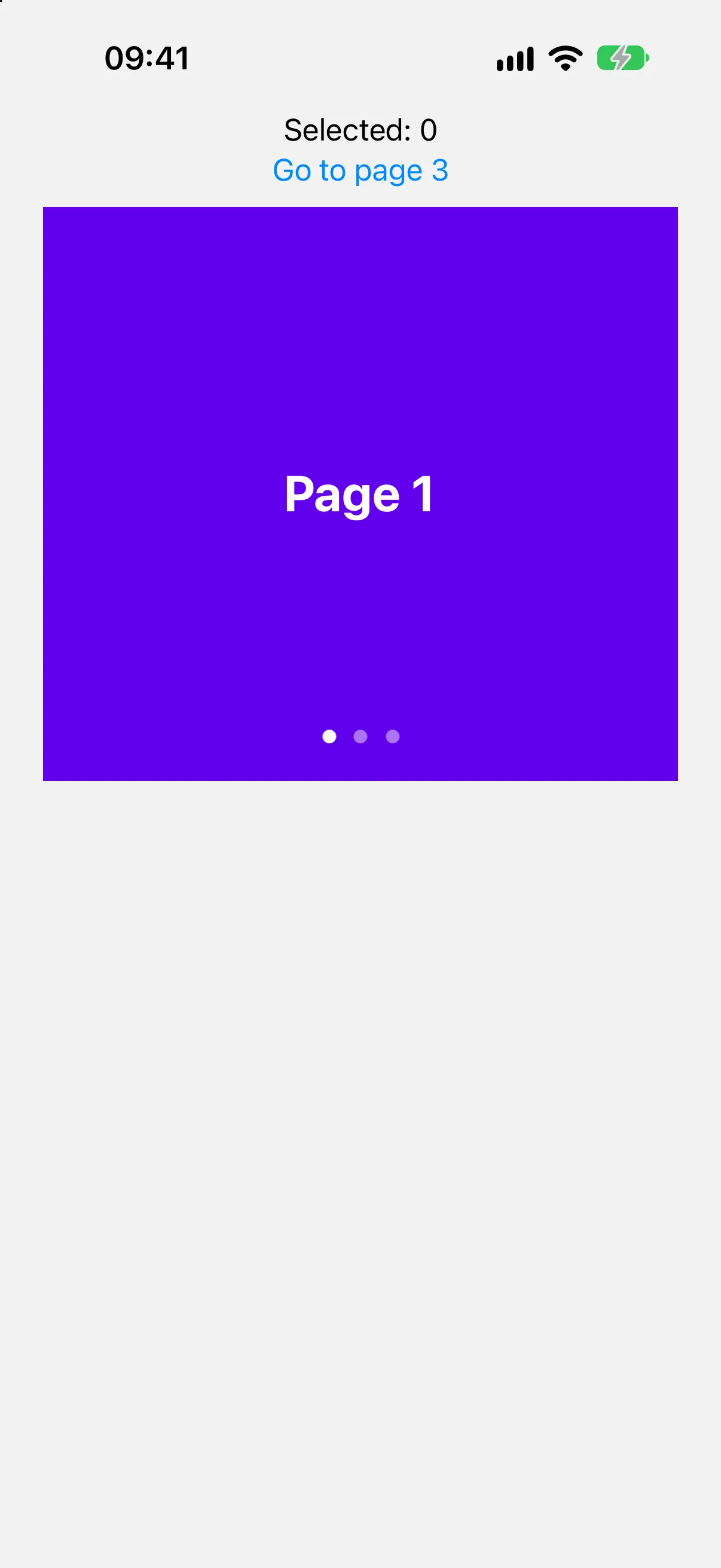 一个显示 Selected 0 的读数和 Go to page 3 按钮，位于标记为页面 1 的紫色分页页面上方
