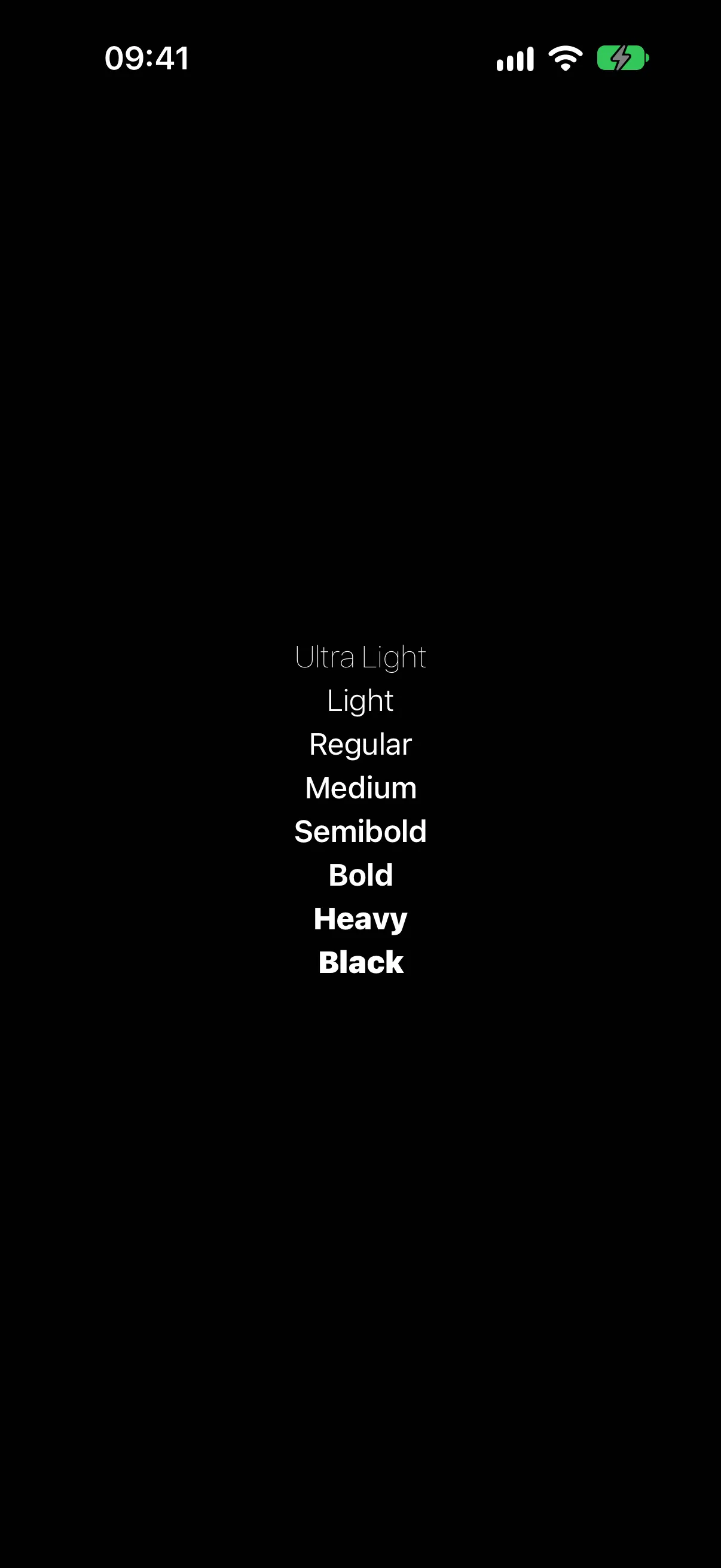 八行堆叠的文本，展示从 Ultra Light 到 Black 的字重