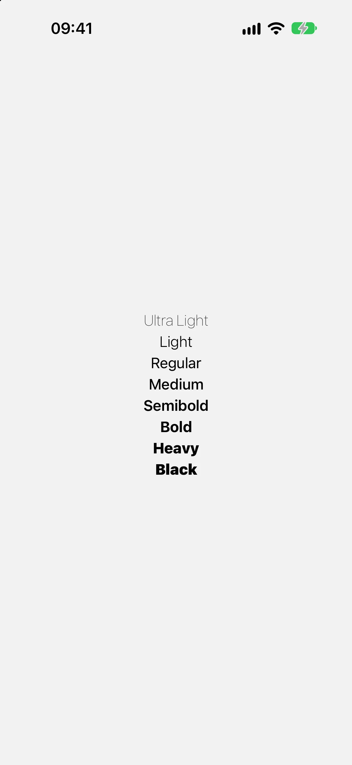 八行堆叠的文本，展示从 Ultra Light 到 Black 的字重