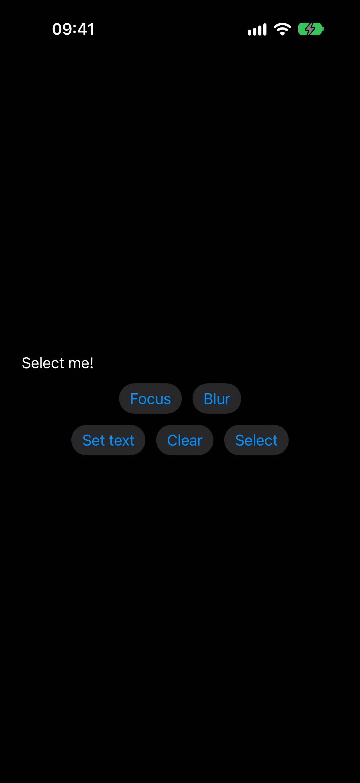 一个显示 Select me! 的文本输入框，下方有 Focus、Blur、Set text、Clear 和 Select 按钮