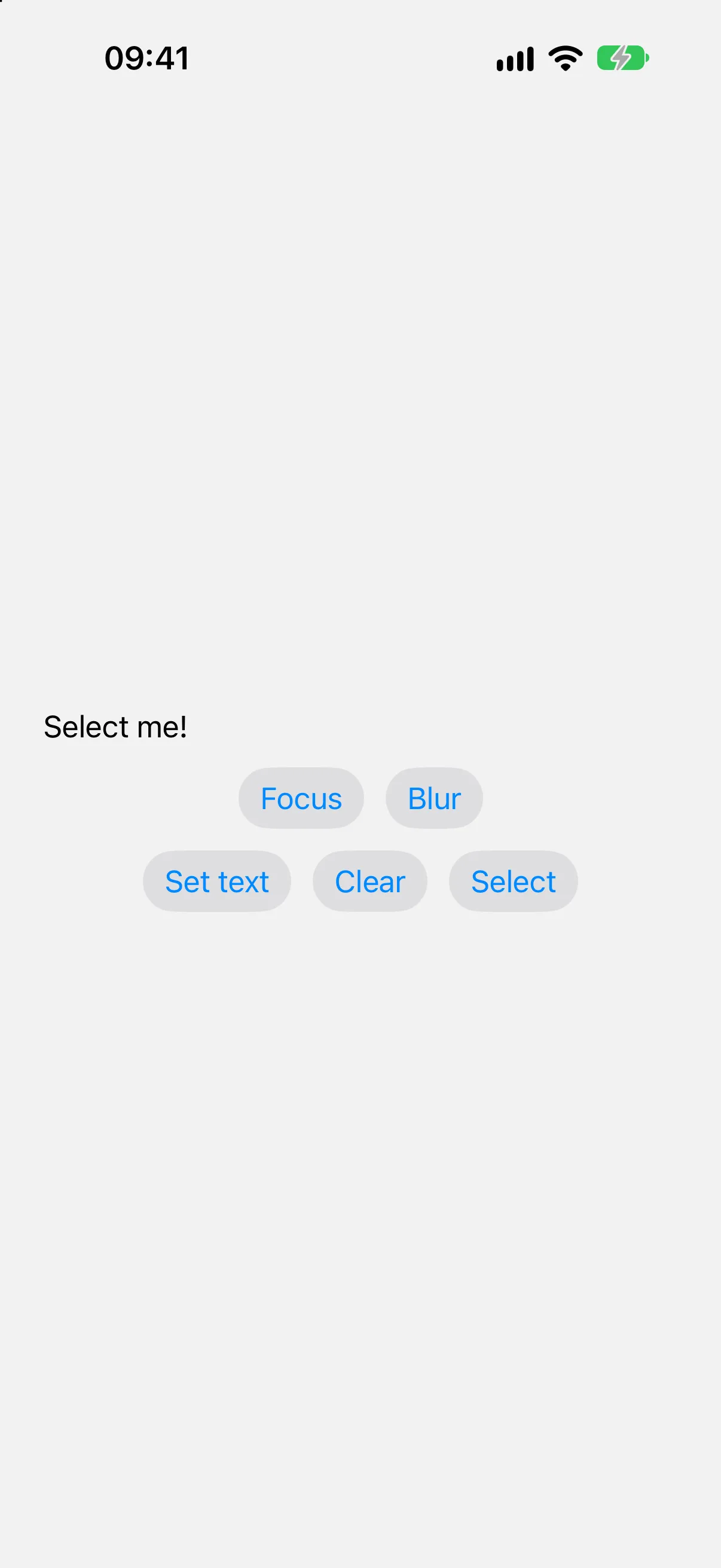 一个显示 Select me! 的文本输入框，下方有 Focus、Blur、Set text、Clear 和 Select 按钮